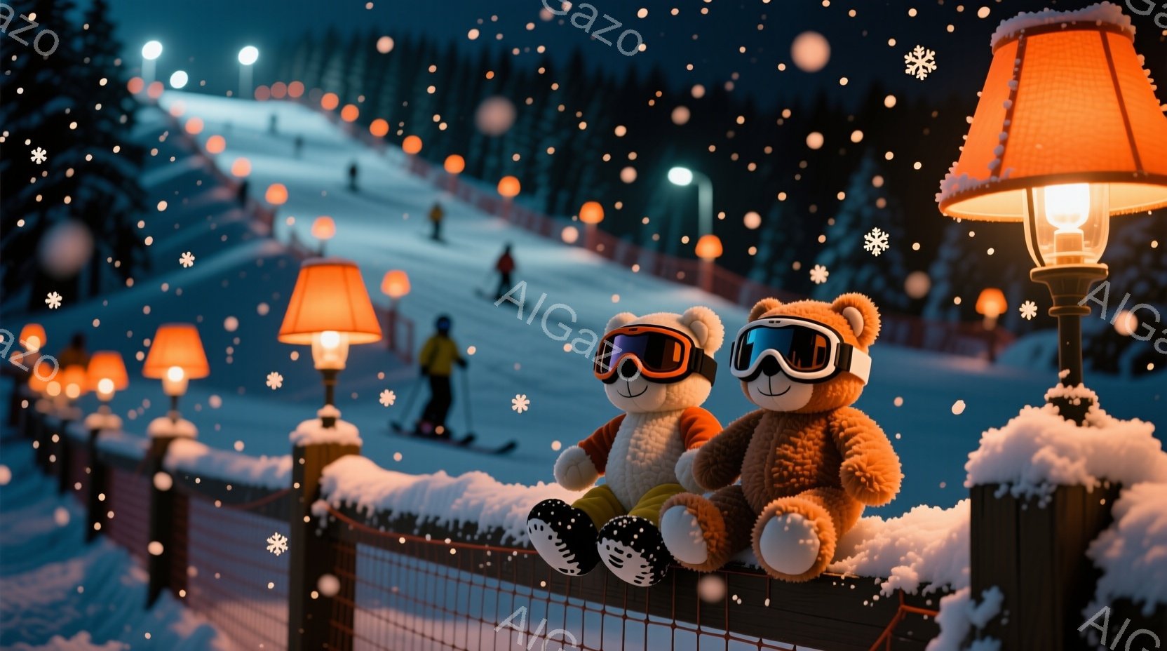 雪が降るスキー場で、可愛らしいテディベアが2匹、柵の上に座ってスキーを楽しんでいる様子が描かれています。2匹はゴーグルとブーツを装備し、お茶目な表情でスキー場を見下ろしており、背景にはライトアップされ - AI生成フリー素材