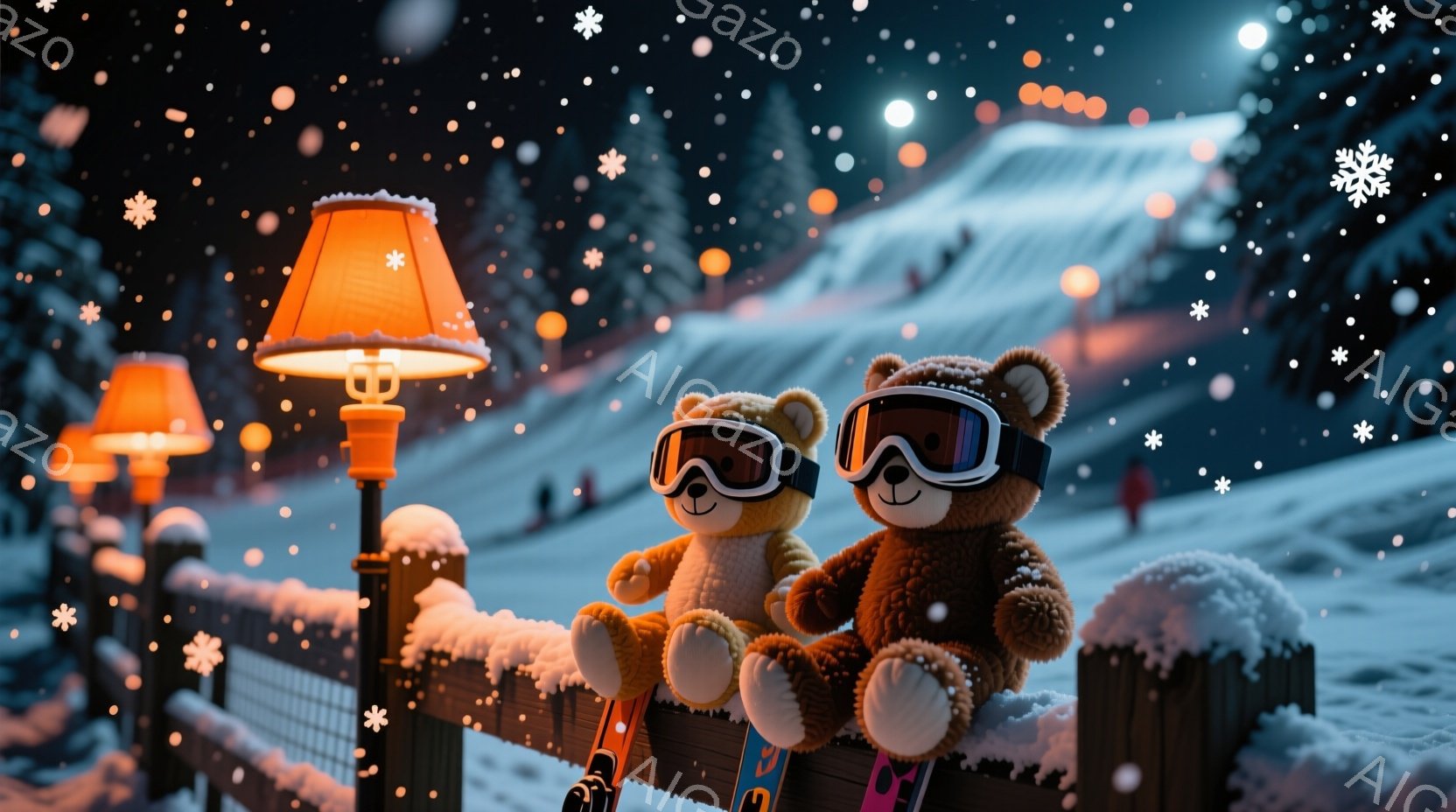 雪が降る夜のスキー場で、スキー板に座った2匹のテディベアが描かれています。どちらのベアもスキーゴーグルをかけており、暖かく可愛らしい表情をしています。背景には、ライトアップされたスキーコースと雪に覆われた木々が見え、冬の幻想的な雰囲気を醸し出しています。