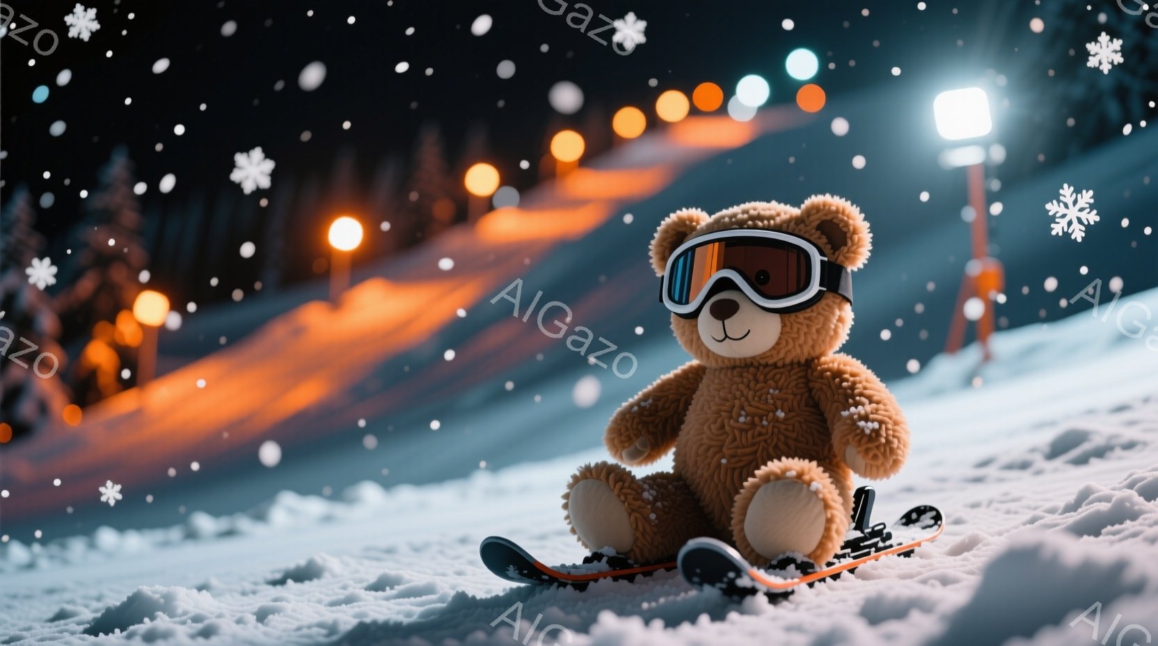 茶色いテディベアがスキー板に乗って雪山を滑走しています。ベアはスキーゴーグルを着用し、少し微笑んでいるように見えます。背景には、ぼやけた街灯と雪の降る夜のスキー場が広がっており、冬の暖かい雰囲気を醸し出しています。