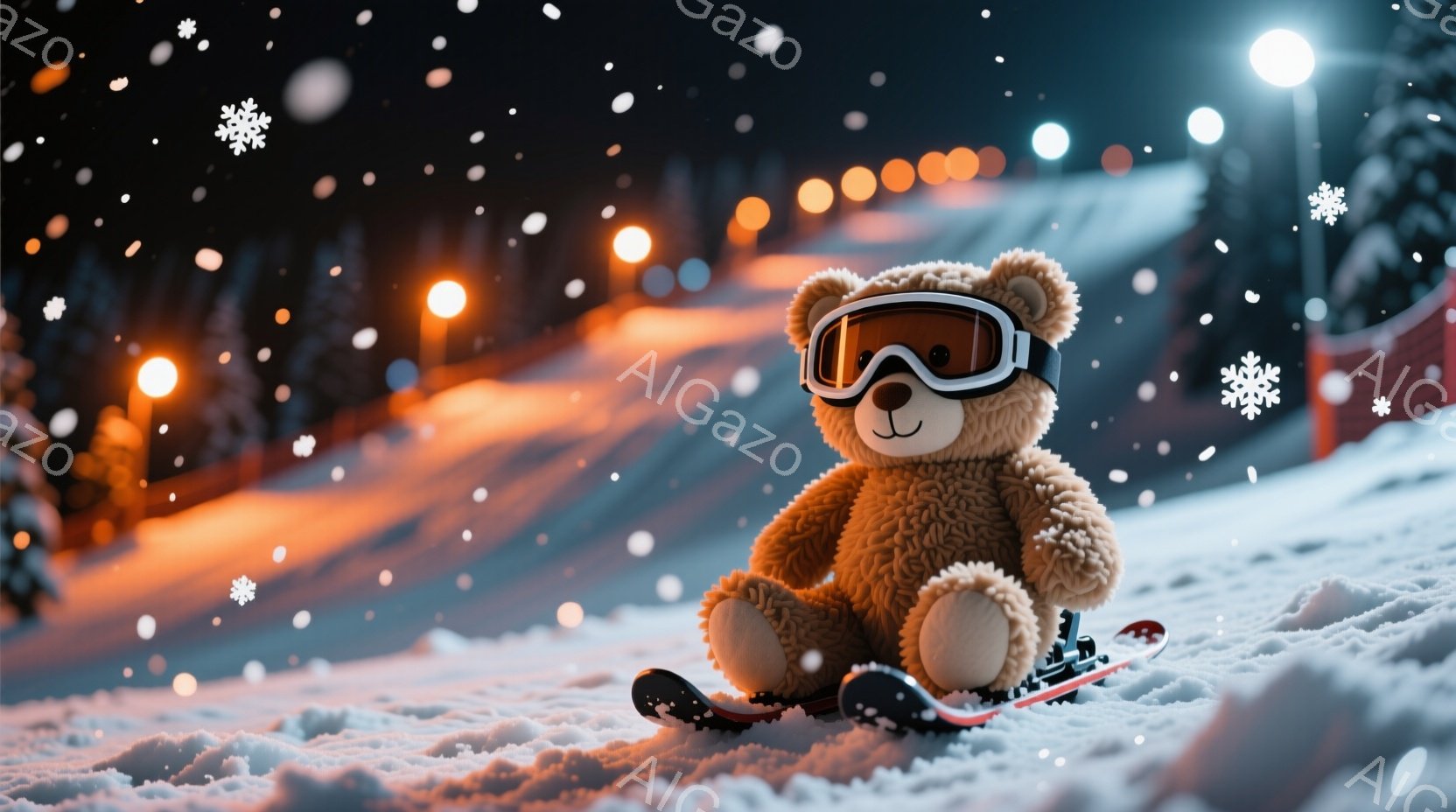 ふわふわの茶色のテディベアがスキー板に座って雪の上で微笑んでいます。背景には、夜にライトアップされたスキーコースとぼんやりとした建物が見え、雪が舞い散る冬の景色が広がっています。全体的に、温かく、可愛らしく、楽しい雰囲気が漂っています。