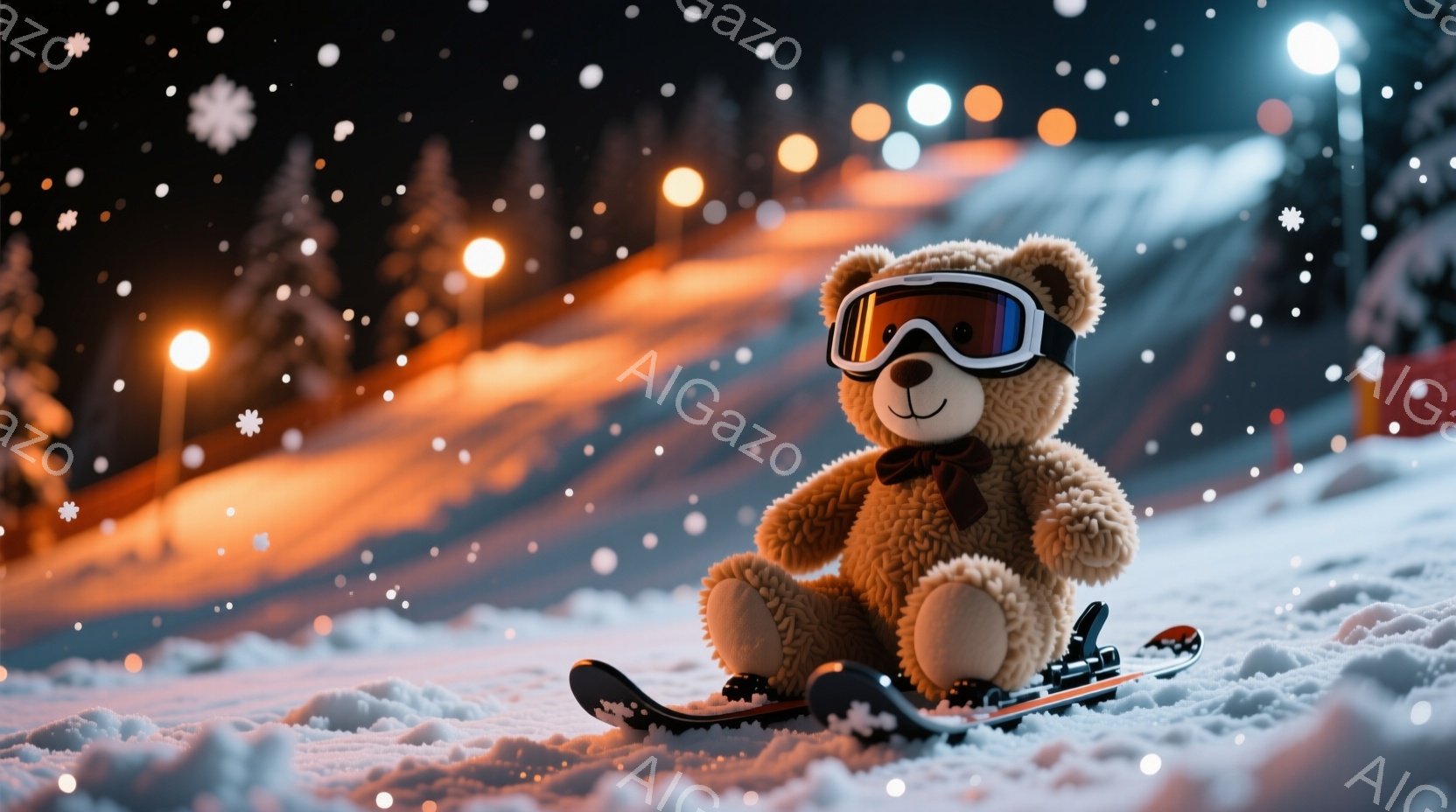 茶色のテディベアがスキー板に乗り、スキーウェアとゴーグルを身に着けています。背景には雪が降り積もるゲレンデが広がり、夜間の照明が灯っています。全体的に、可愛らしく、暖かく、冬の雰囲気が漂う写真です。 - AI生成フリー素材