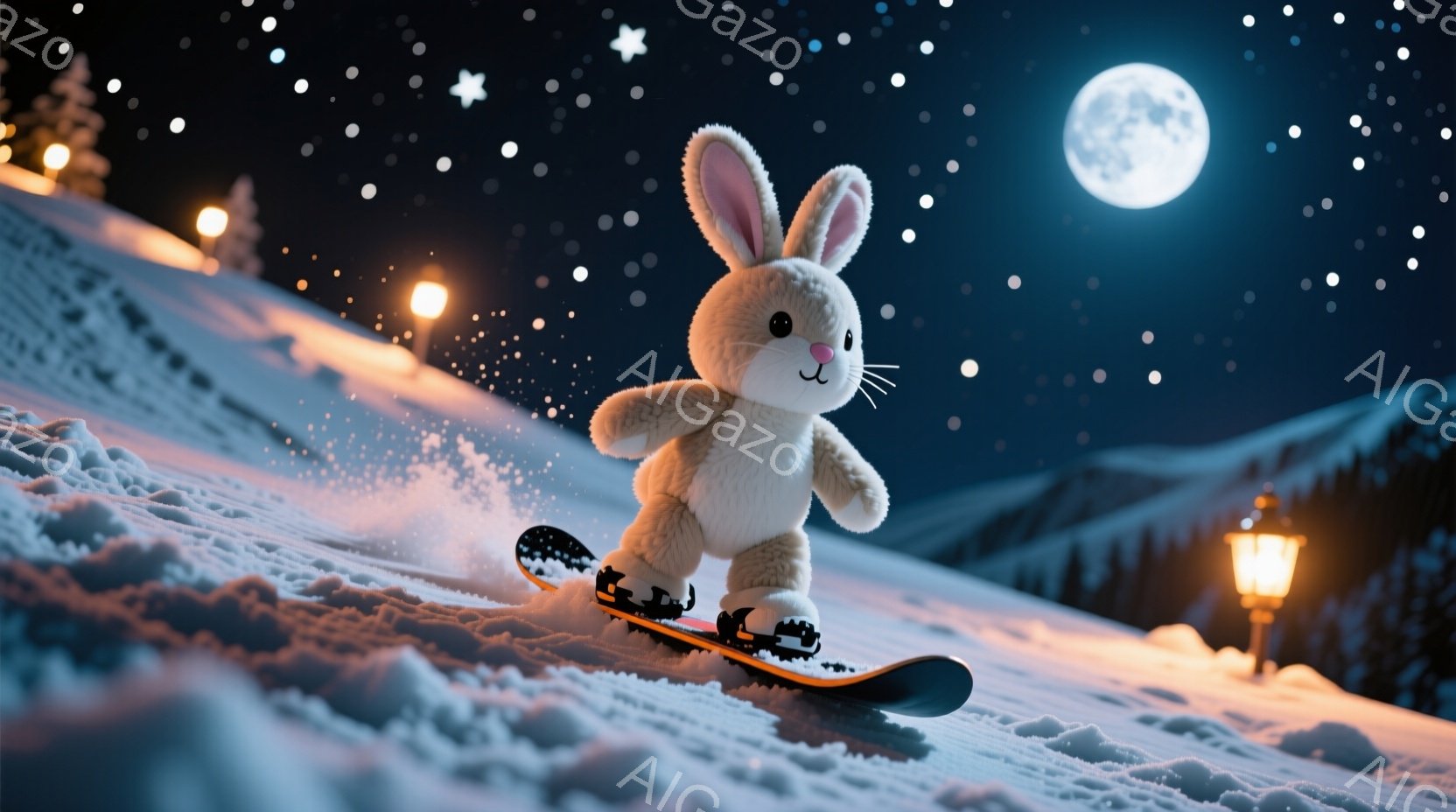 白いふわふわのウサギがスノーボードに乗って雪山を滑走している。夜空には満月が輝き、周囲には雪に覆われた木々と街灯が点在し、幻想的な雰囲気を醸し出している。ウサギは楽しそうに微笑み、勢いよく雪を蹴り上げ - AI生成フリー素材