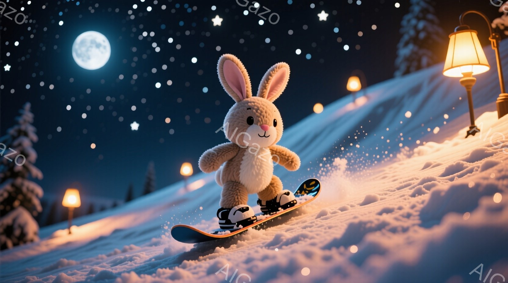 雪の斜面をスノーボードで滑る、ふわふわの茶色のウサギが描かれています。ウサギは明るい表情で、雪煙を上げながらスピードに乗っています。背景には、雪に覆われた木々と、暖かく光る街灯があり、星空の下、冬の夜 - AI生成フリー素材