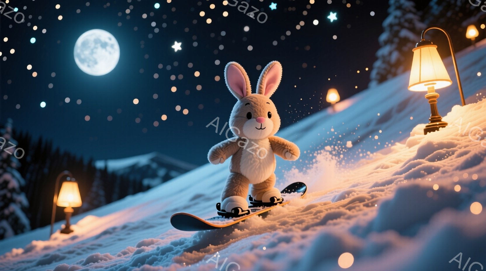 雪山をスキーで滑る、ふわふわの白いウサギが描かれています。ウサギは茶色のスキー板に乗り、嬉しそうな表情で前を見つめています。背景には、松の木々と、遠くに見える山々、そして満月と星空が広がり、雪景色が幻 - AI生成フリー素材