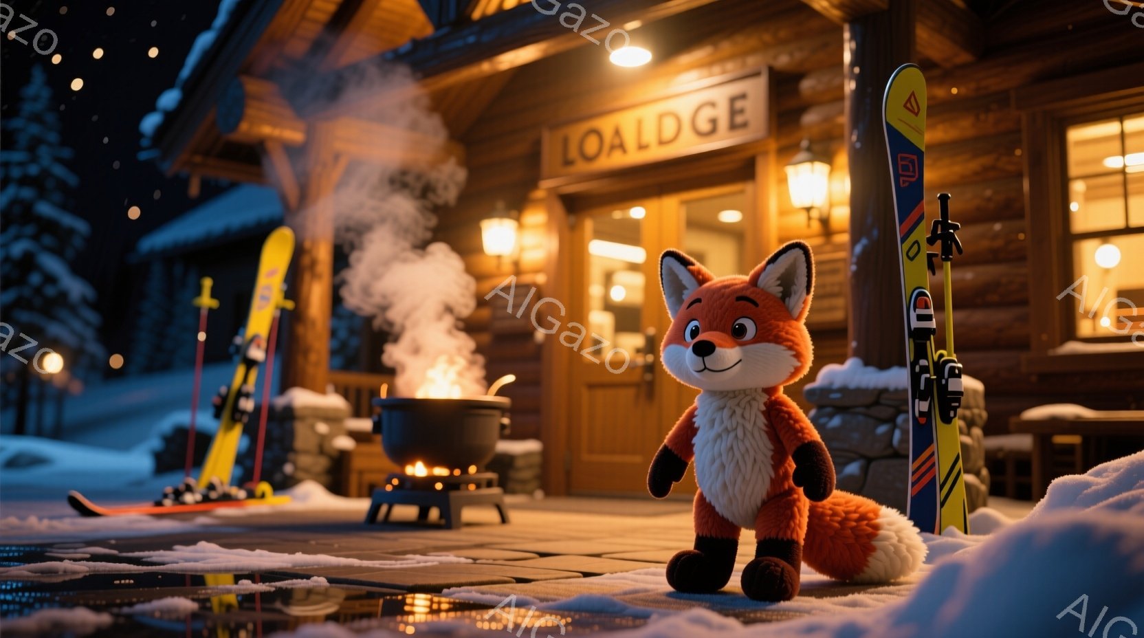 雪に覆われた夜の背景に、可愛らしいキツネのキャラクターが立っている。キツネは白い腹部と茶色の毛並みで、明るい表情でこちらを見ている。背景には、暖色の光で照らされたログハウスやスキー板が並び、焚き火の煙 - AI生成フリー素材