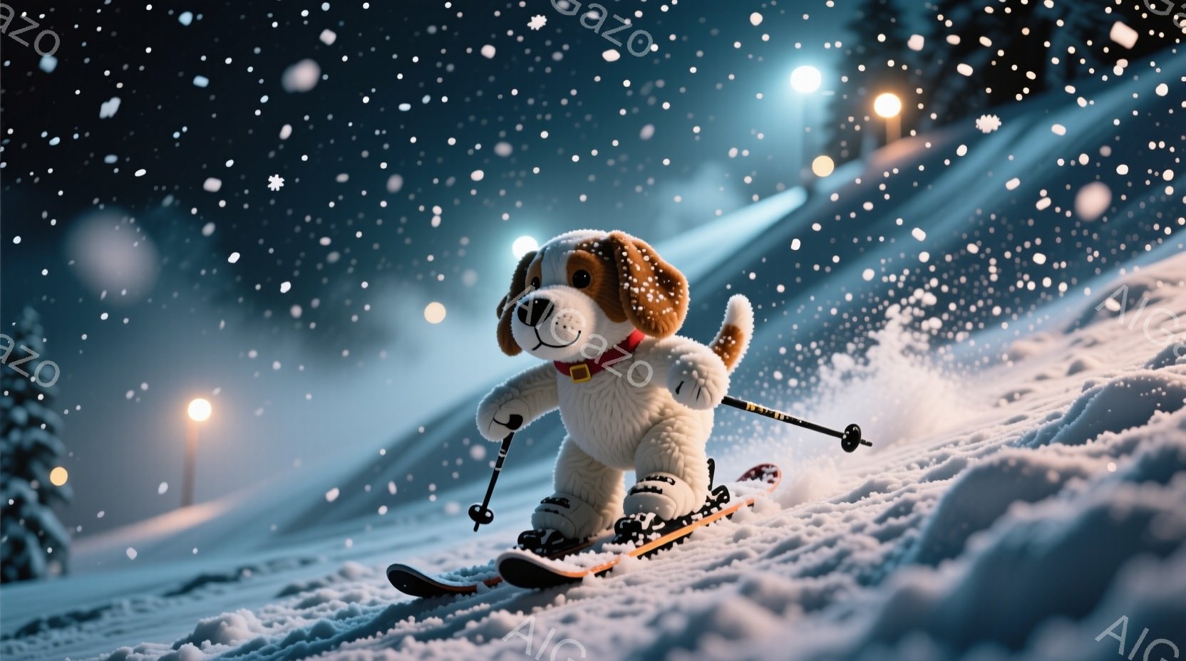 スキー場でスキーを楽しんでいる子犬を描いています。子犬は白い毛並みで、赤い首輪をつけており、黒いスキーウェアとブーツを着用しています。背景は雪に覆われた山々と夜空で、遠くには光る照明が点在し、全体的に - AI生成フリー素材
