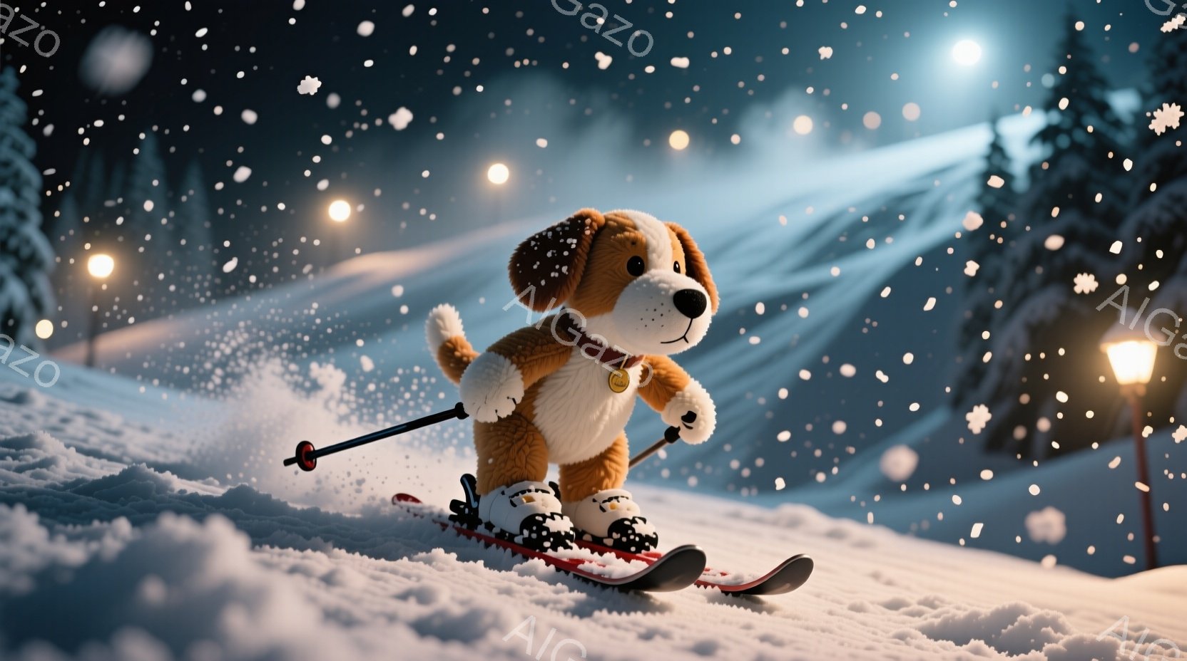 ふわふわの茶色い犬がスキー場で滑走しています。赤いバンダナと、白いブーツとスキー板を身に着け、片手にスキーポールを持っています。背景には雪に覆われた木々と、遠くに見える街の灯りがぼんやりと光っており、雪が舞う冬の夜の穏やかな雰囲気が漂っています。