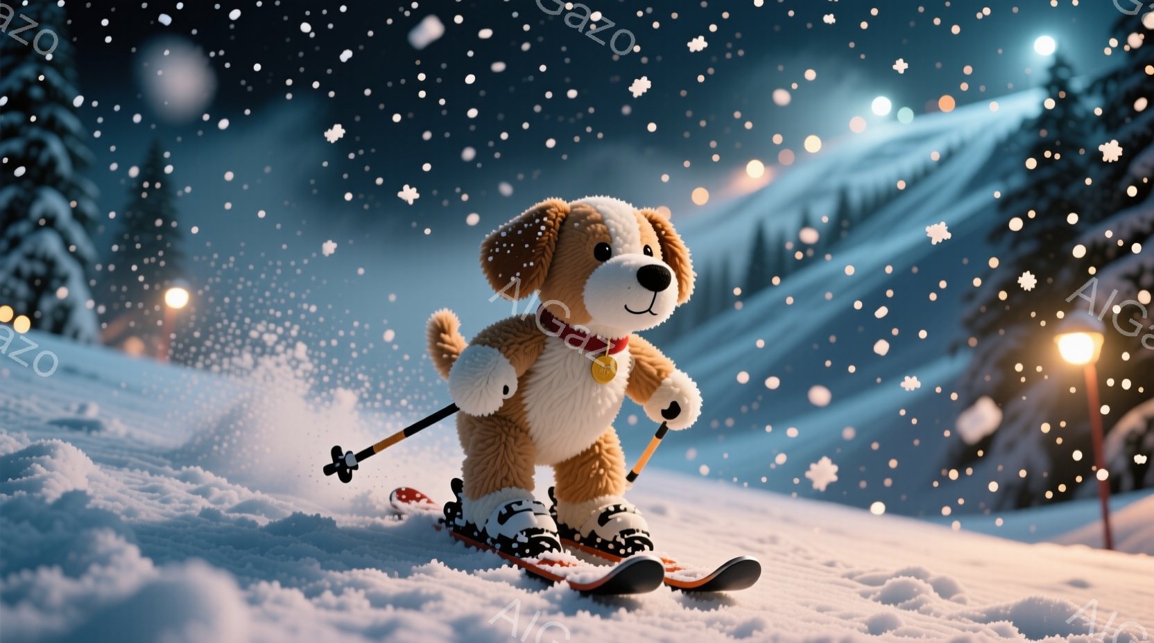 ふわふわの茶色い子犬がスキーをして雪山を滑っています。赤い首輪と金色のタグをつけており、楽しそうに前を見つめています。背景には雪に覆われた山々と、点在する光が夜のスキー場を幻想的に彩っています。