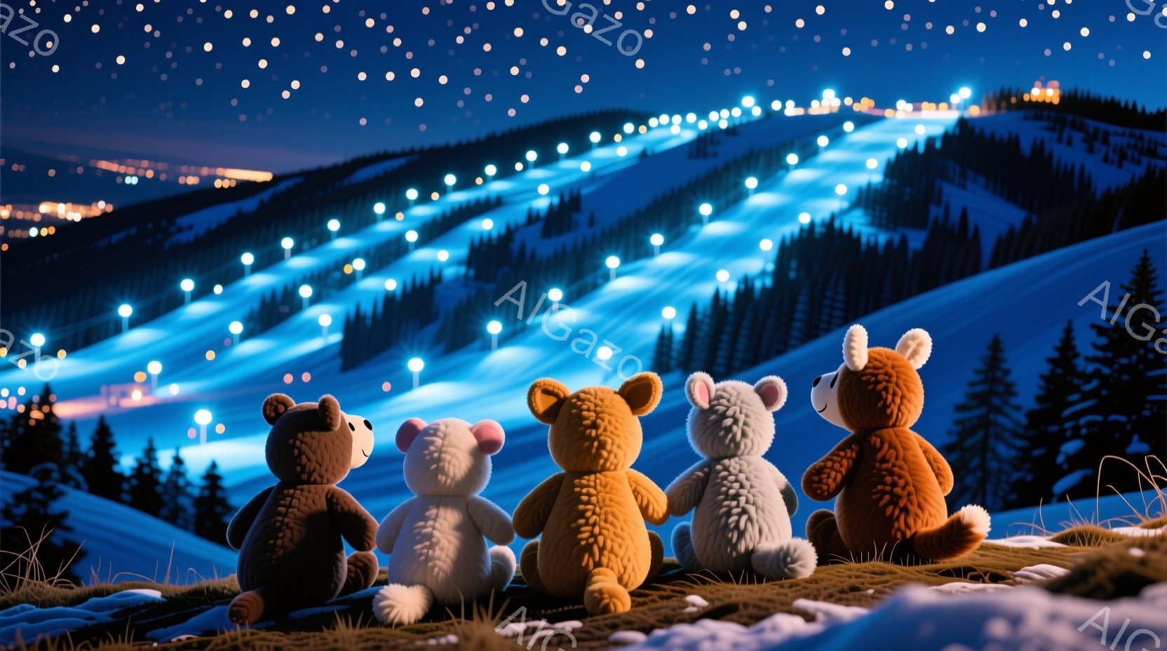 雪に覆われた丘の上に、様々な色のテディベアが並んで立っている。彼らは皆、丘を下るスキーコースの光景を背にして、夜空を見上げているように見える。背景には暗い緑の森林と、きらめく光が点在する雪景色が広がり - AI生成フリー素材