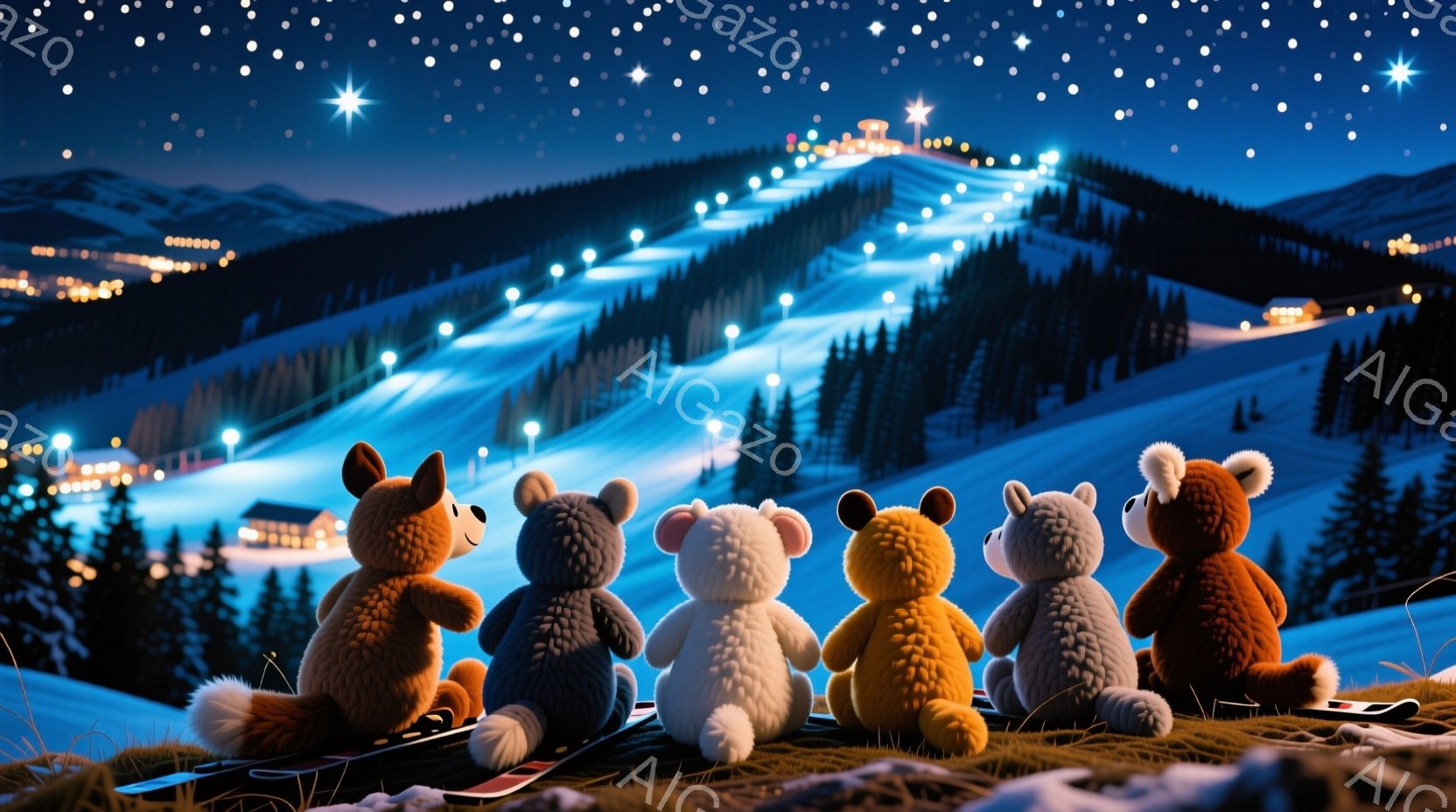 雪山を背景に、毛並みの良いテディベアたちが一列に並んで座っている。彼らはそれぞれ異なる色の毛並みで、スキー板の上に座り、夜空を見上げているようだ。背景には雪に覆われた山々、点在する建物、そして星空が広 - AI生成フリー素材