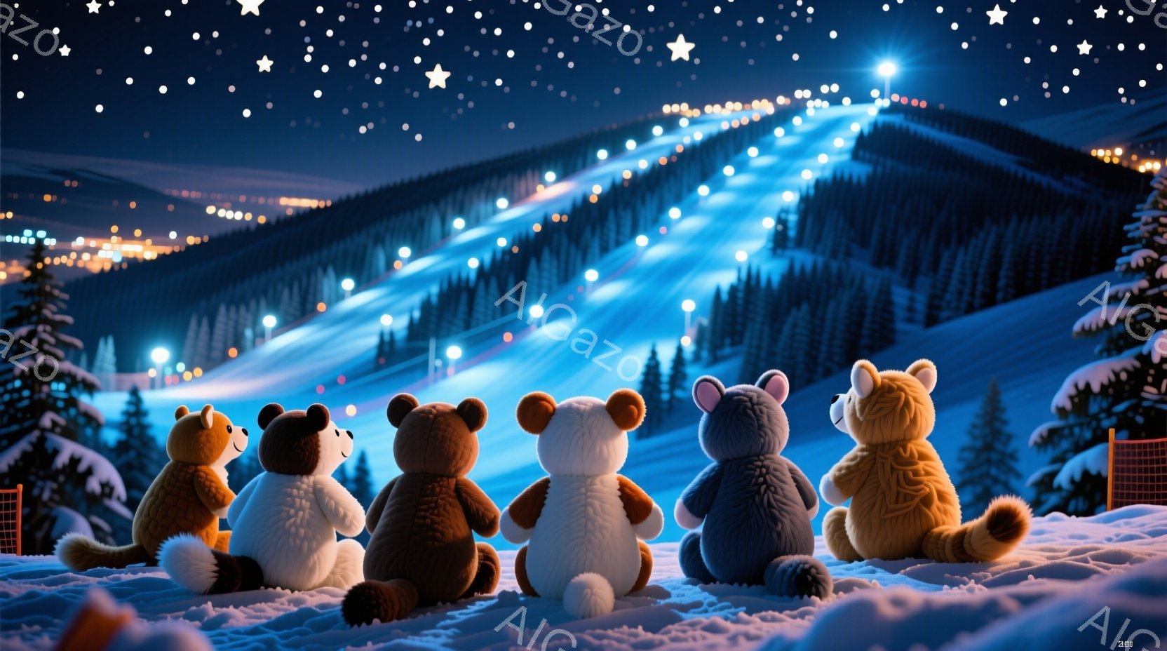 雪に覆われた丘に、様々な色のテディベアが横一列に座り、夜空を見上げています。丘はスキー場になっており、ライトアップされたゲレンデと針葉樹林が広がり、星空が輝いています。全体的に、温かく幻想的な冬の夜の - AI生成フリー素材