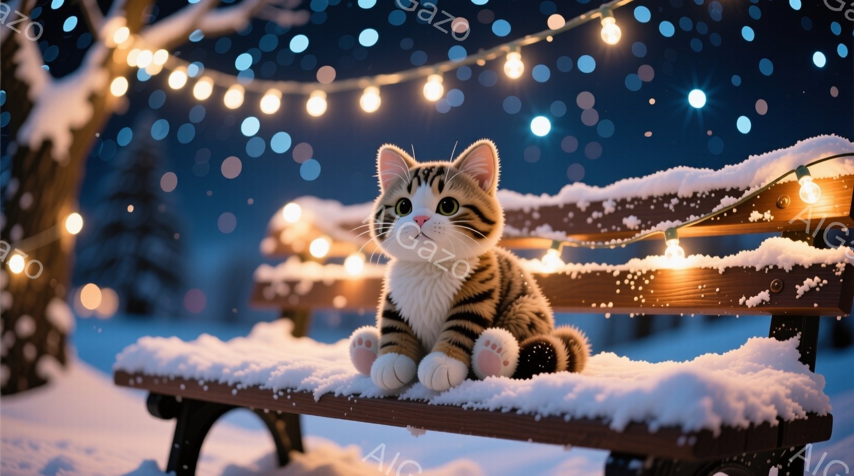 小柄な縞模様の猫が雪で覆われた木製のベンチに座っており、ピンク色の小さな靴を履いています。猫は正面を見据え、穏やかで好奇心旺盛な表情を浮かべています。背景には、ぼやけた木々と、温かい光を放つ提灯が散りばめられ、静かで幻想的な冬の夜の雰囲気を醸し出しています。