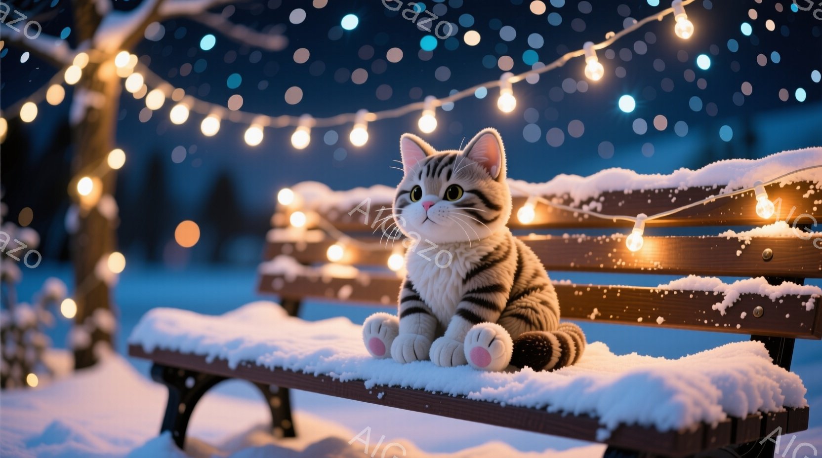 白と黒の縞模様の猫が、雪で覆われたベンチに座ってこちらを見ています。猫はピンク色の小さな靴を履いており、穏やかで少し好奇心旺盛な表情をしています。背景は雪景色で、上には暖色の電飾が飾られ、冬の穏やかで幻想的な雰囲気を醸し出しています。