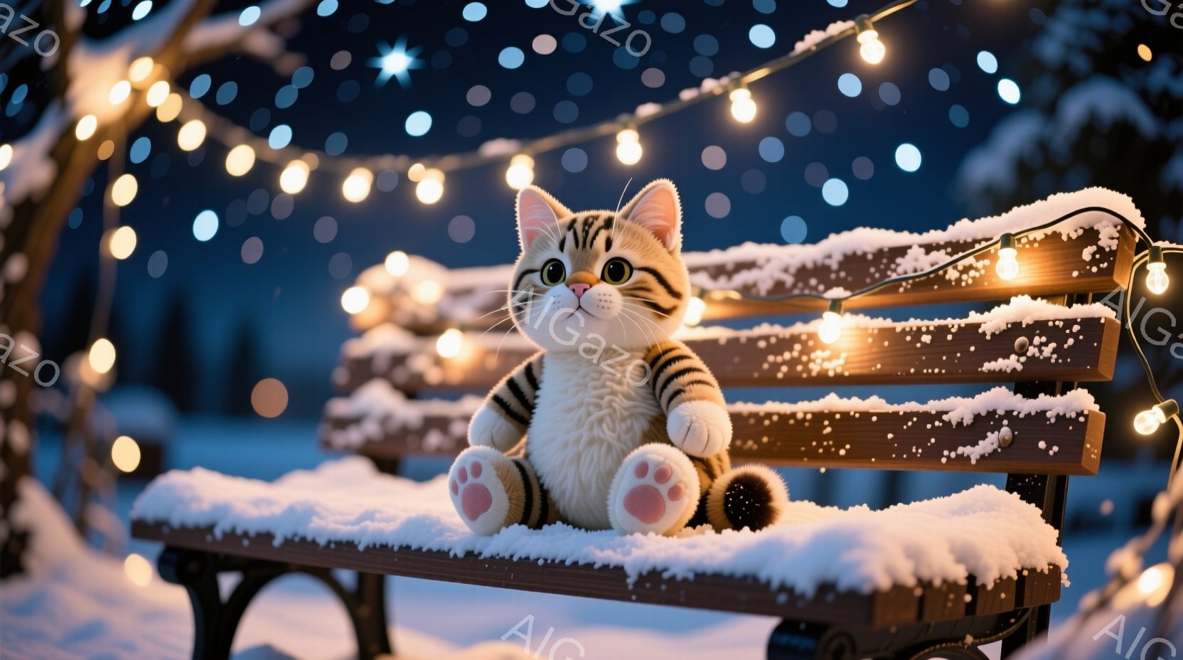 雪が積もった木製のベンチに、ふわふわの茶白模様の猫が座っています。猫はピンク色の肉球を見せ、穏やかな表情で正面を見つめており、冬の夜の温かい雰囲気を醸し出しています。背景には、ライトアップされた木々と、雪が降る夜空が広がり、幻想的な冬景色が広がっています。