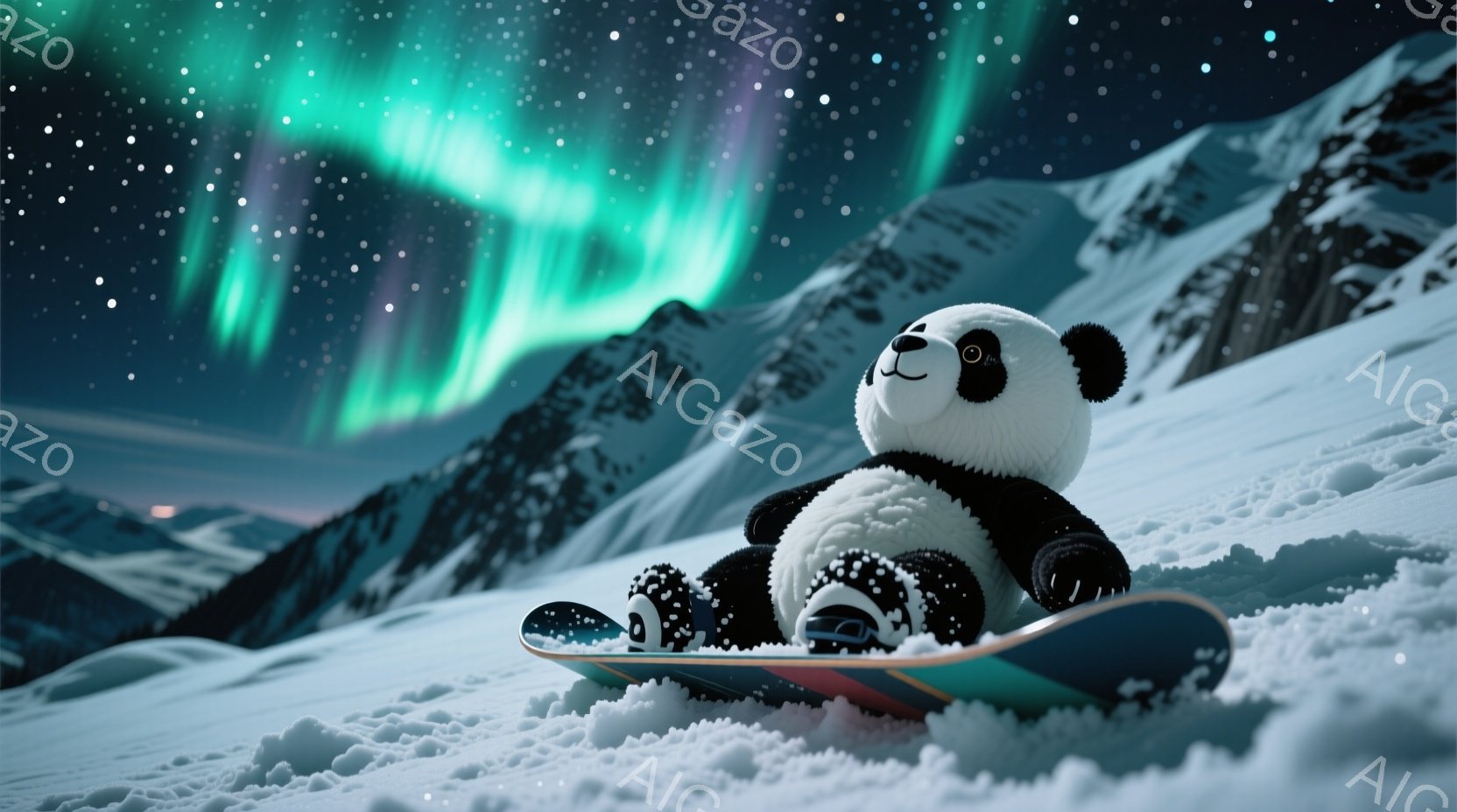 白い雪山を背景に、スノーボードに乗ったパンダのぬいぐるみです。パンダは黒い目を輝かせ、リラックスした表情で雪山を滑っています。背景にはオーロラが輝き、冬の幻想的な雰囲気を醸し出しています。