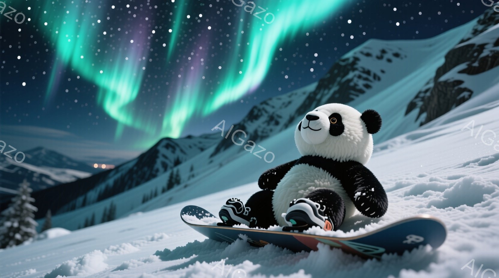 白いパンダがスノーボードに乗って雪山を滑っている様子が描かれています。パンダは黒いゴーグルとブーツを履き、リラックスした表情で雪景色を眺めています。背景には雪をまとった山々と、オーロラのような緑色の光 - AI生成フリー素材