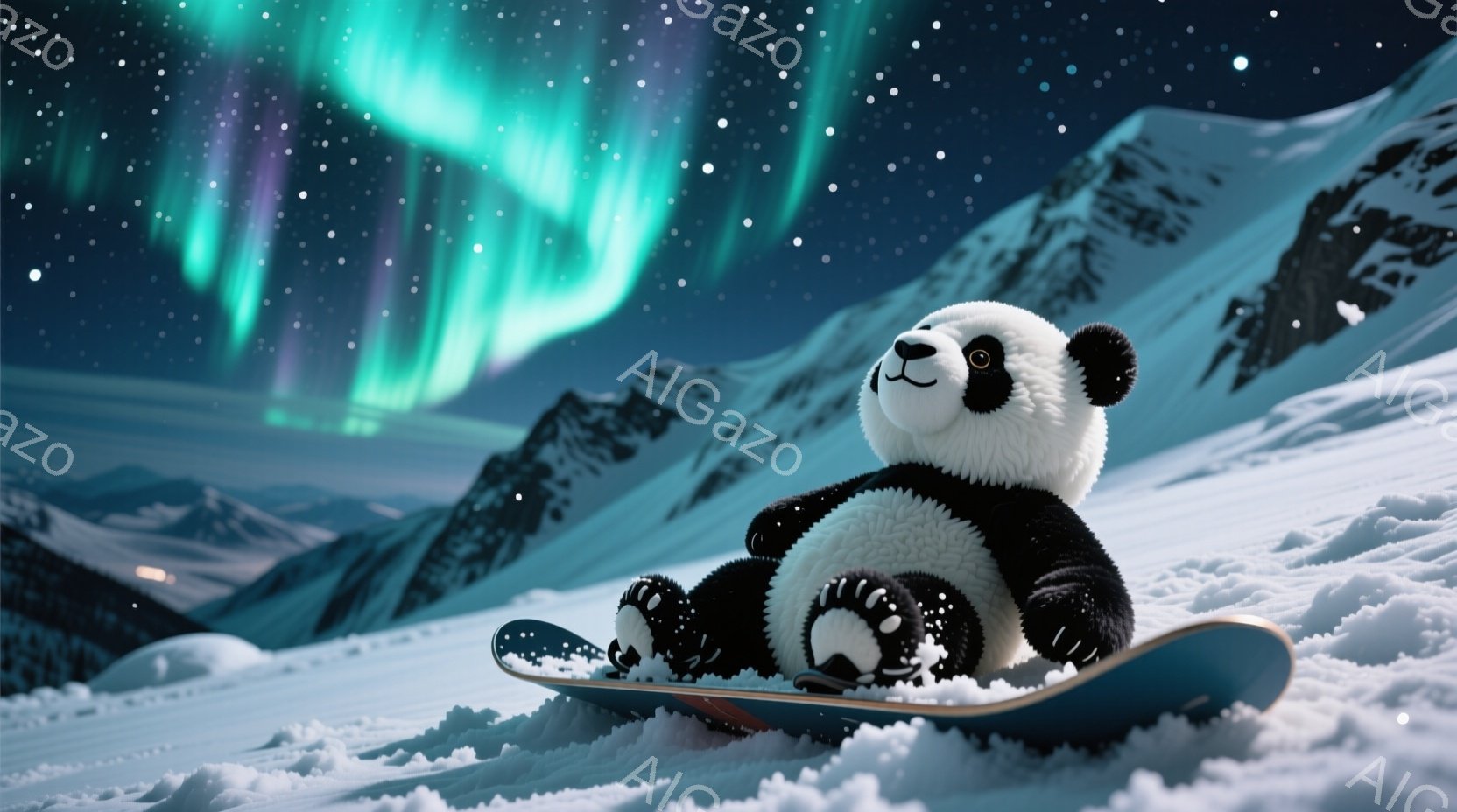 白い雪の上にスノーボードに乗ったパンダが描かれています。パンダはリラックスした表情で、片手を上げて楽しんでいる様子です。背景には雪山とオーロラが広がり、幻想的な冬の雰囲気を醸し出しています。