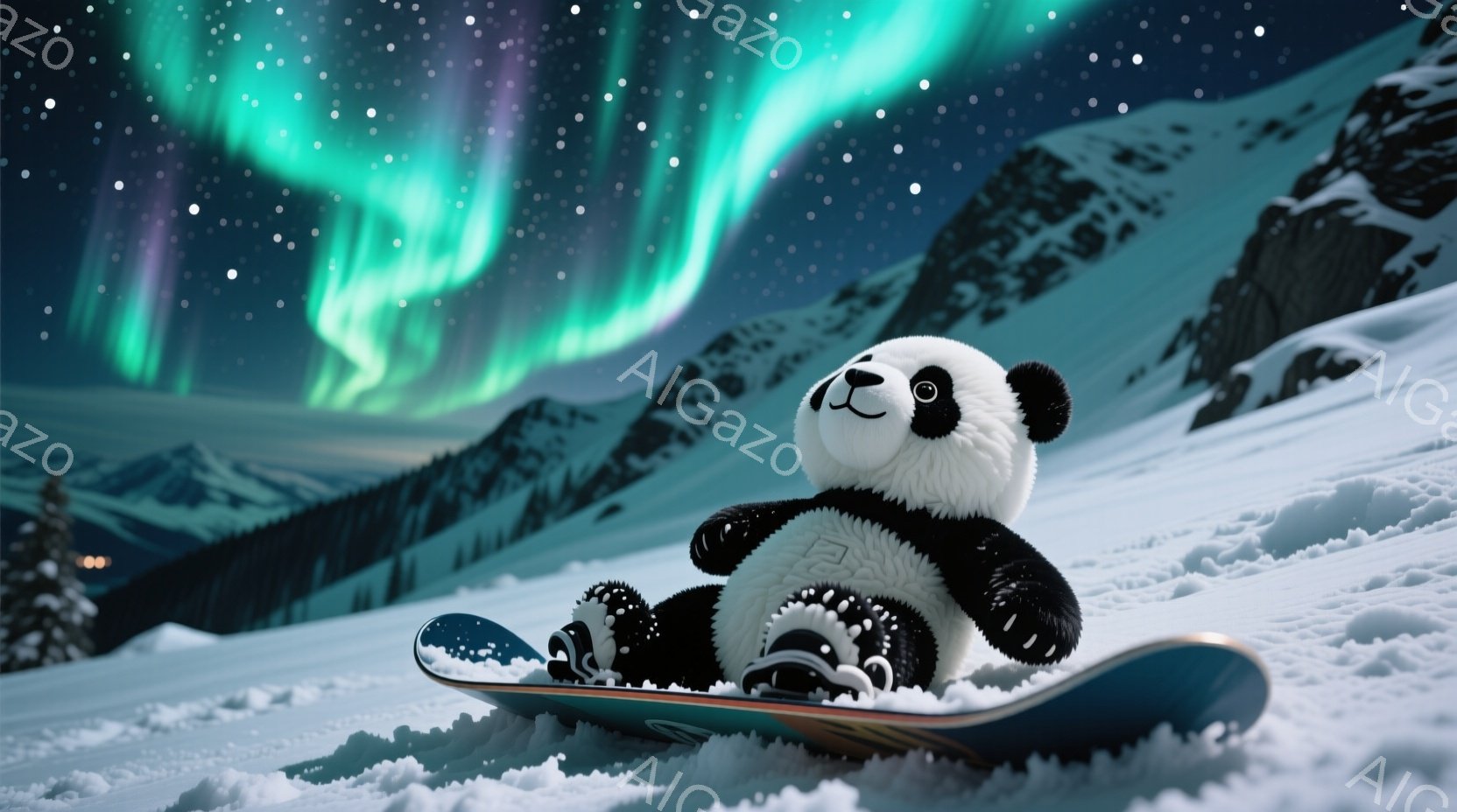 白い雪の上を、パンダのぬいぐるみがおもちゃのスノーボードに乗って滑っている様子が描かれています。パンダは黒いブーツを履き、少し微笑んだ表情で、背景には雪山とオーロラが広がっています。全体的に冬の幻想的で楽しい雰囲気が漂っています。