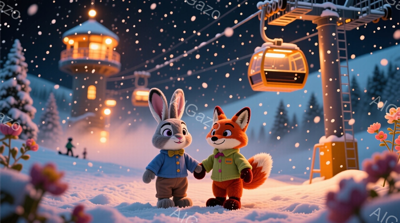 雪景色の中に、ウサギとキツネが手をつないで立っています。ウサギは青いセーターを着ており、キツネは緑色のジャケットを着ています。背景には、雪で覆われた木々、遠くの建物、そして夜空を照らすゴンドラリフトが - AI生成フリー素材