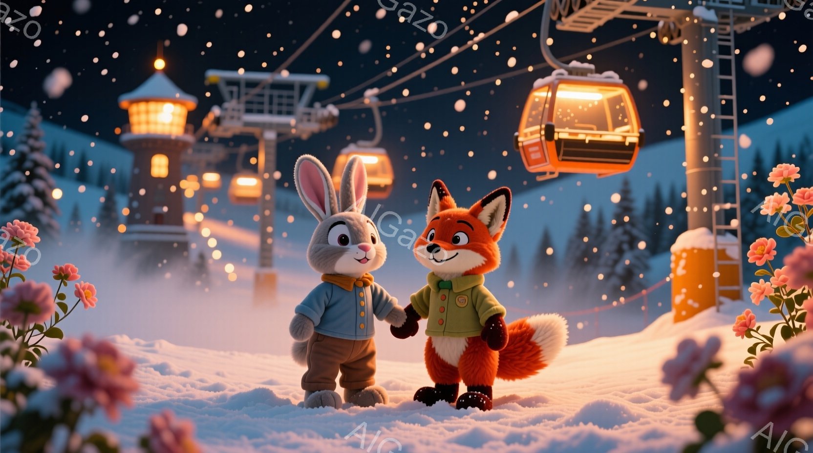 雪景色の中、ウサギとキツネが手をつないで立っています。ウサギは水色のセーターに茶色のズボン、キツネは緑色のジャケットに赤いズボンを着ており、それぞれ笑顔で楽しそうな表情をしています。背景には雪に覆われ - AI生成フリー素材
