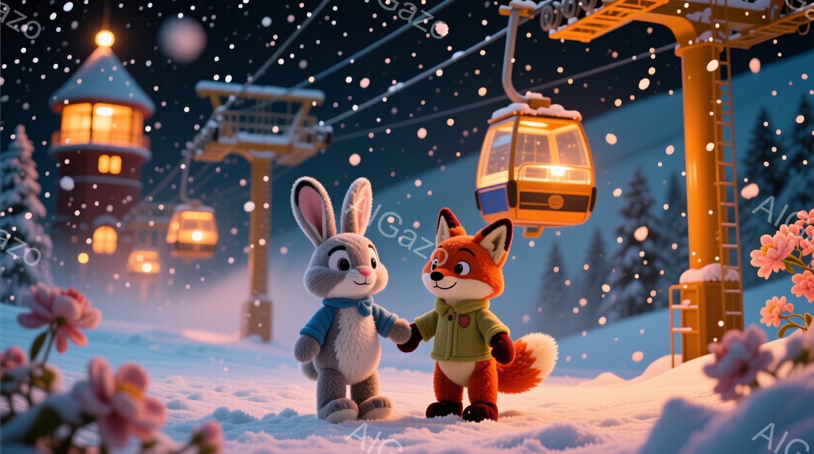 雪景色の中、ウサギとキツネが手をつないで立っています。ウサギはグレーのセーターを着ており、キツネは黄緑色のジャケットを着ています。背景には雪に覆われた木々、遠くに見える建物、そしてリフトのゴンドラがあ - AI生成フリー素材