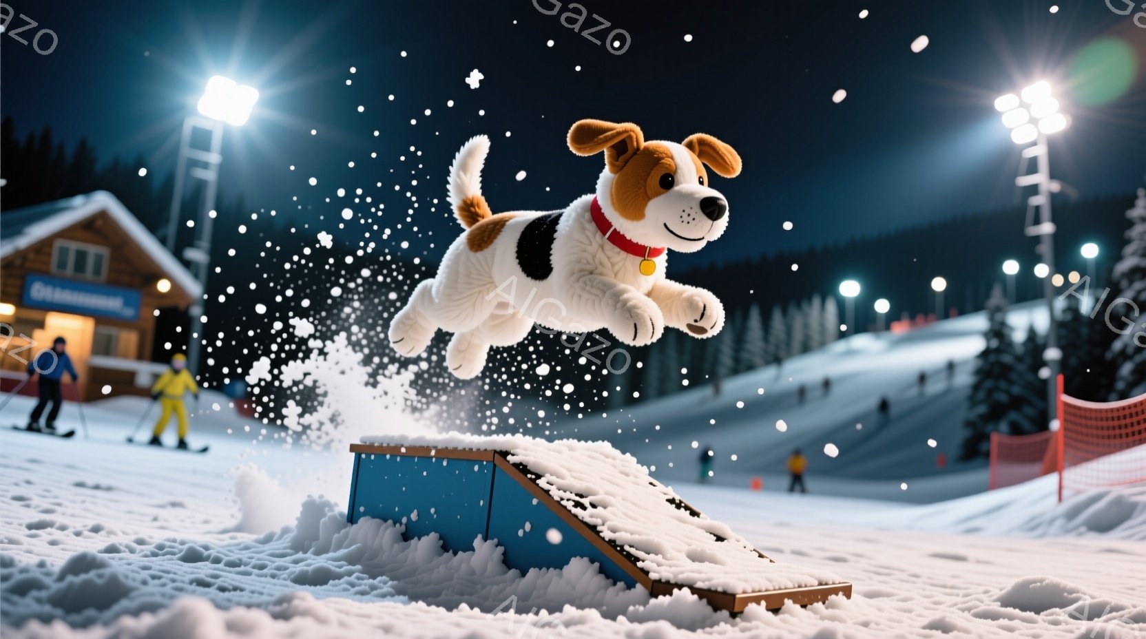 雪山を背景に、犬がスノーボードのジャンプ台から飛び出している様子が描かれています。犬は明るい茶色の毛並みで、赤い首輪をつけ、楽しそうに口を開けています。背景にはスキーヤーや建物が見え、夜間の雪景色が広がっており、活気に満ちた冬の雰囲気が感じられます。