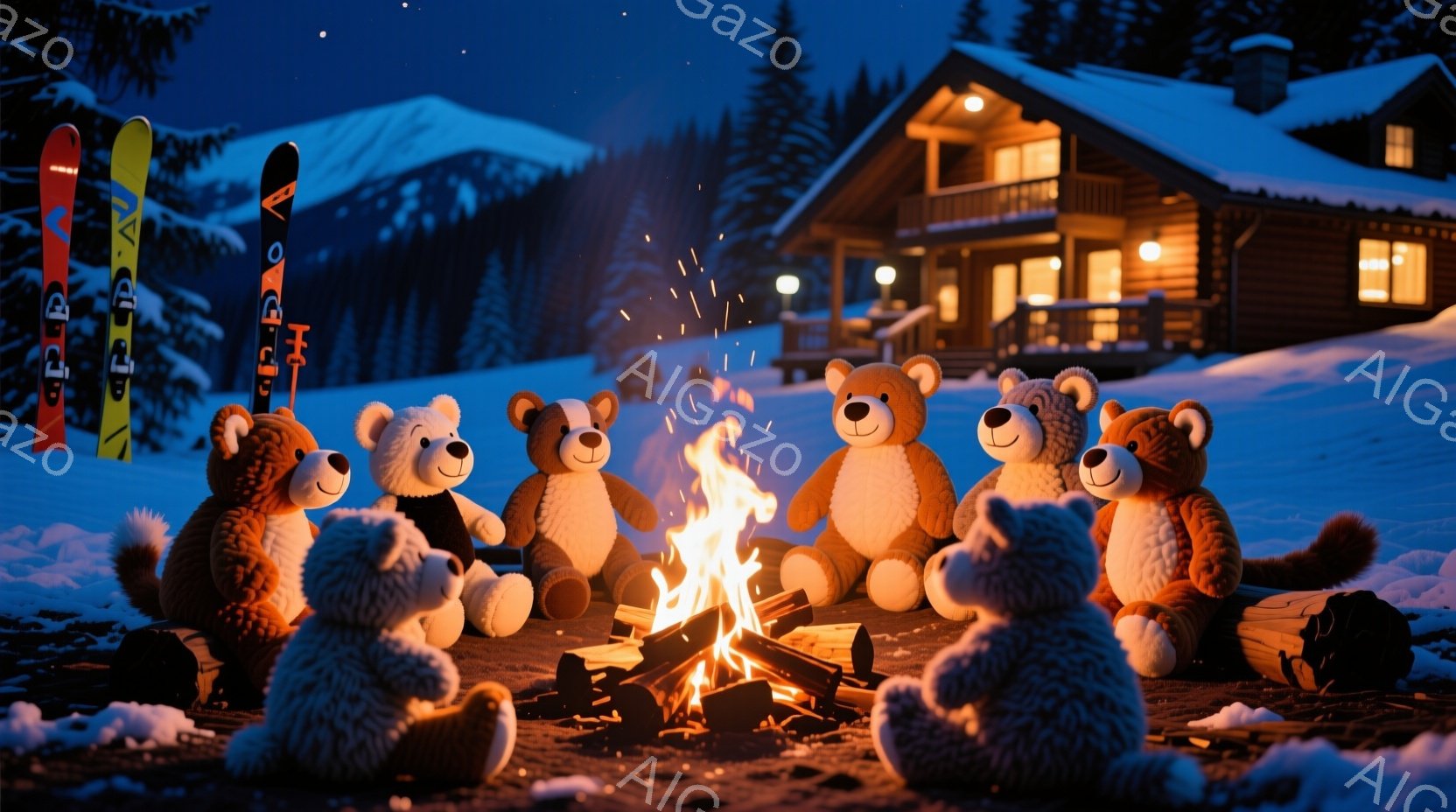 ぬいぐるみであるクマたちが、燃え盛る焚き火を囲んで座っている様子が描かれている。背景には雪に覆われた山々と、窓から光が漏れる暖炉のある木造の家が見える。全体的に暖かく、居心地の良い、冬の夜の雰囲気が漂っている。