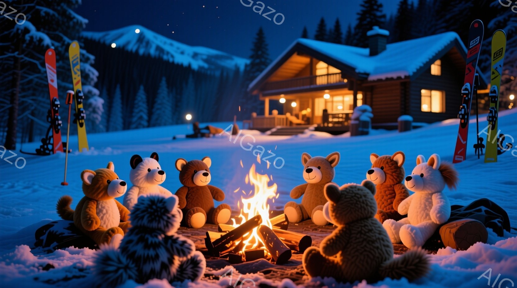雪景色の中で、暖炉を囲んで座るテディベアたちが描かれています。様々な毛色と表情のクマたちは、リラックスした様子で火を眺めており、雪に覆われた木々と、暖かく光るキャビンが背景に見えます。全体的に温かく、 - AI生成フリー素材