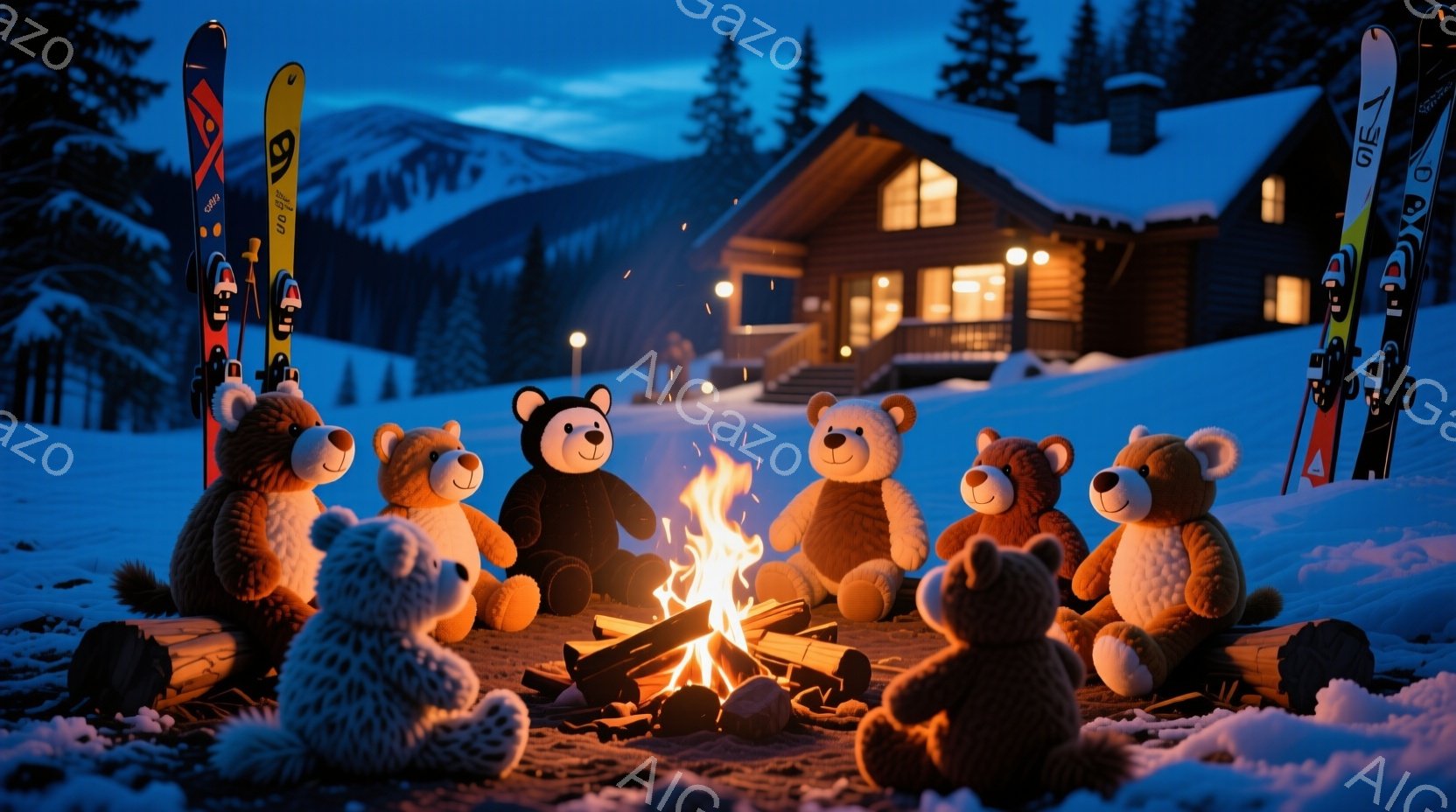 雪景色の中に、暖炉を囲んで座るテディベアたちが描かれています。彼らは様々な毛色を持ち、リラックスした表情で火を見つめています。背景には雪に覆われた山々と、温かい光を灯したログハウスが見え、冬の静かで穏 - AI生成フリー素材