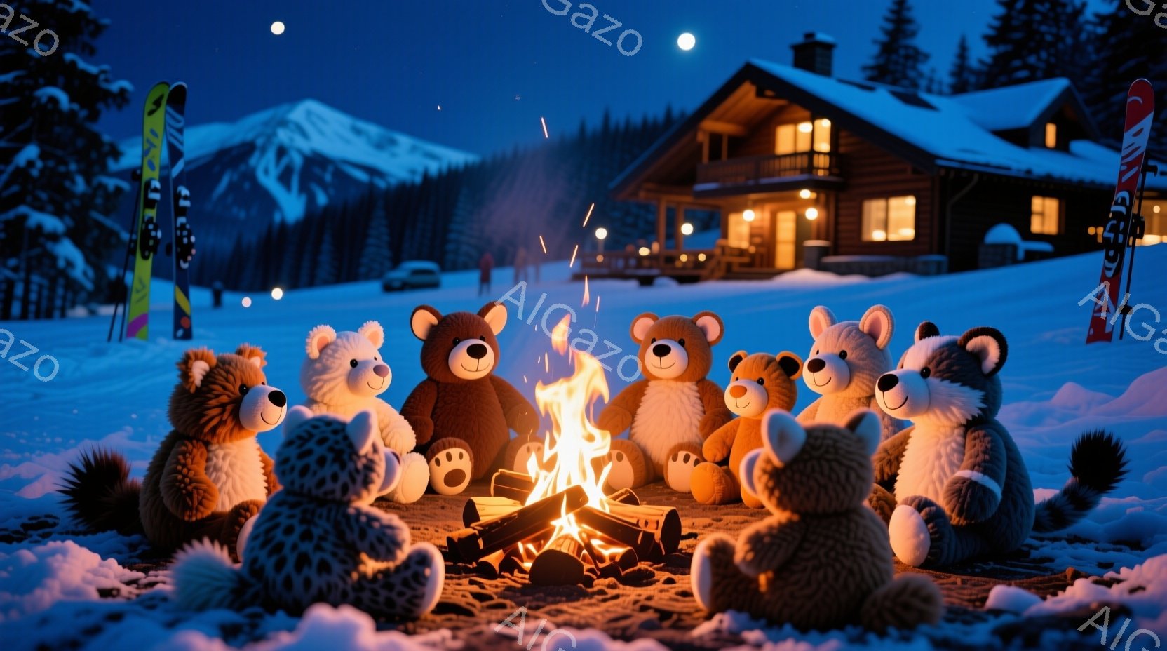 凍てつく冬の夜、暖炉を囲む様々な種類のテディベアたちが描かれています。彼らは皆リラックスした姿勢で座り、暖かな炎を見つめており、その表情は穏やかで楽しそうです。背景には雪に覆われた山々と、温かい光を放 - AI生成フリー素材