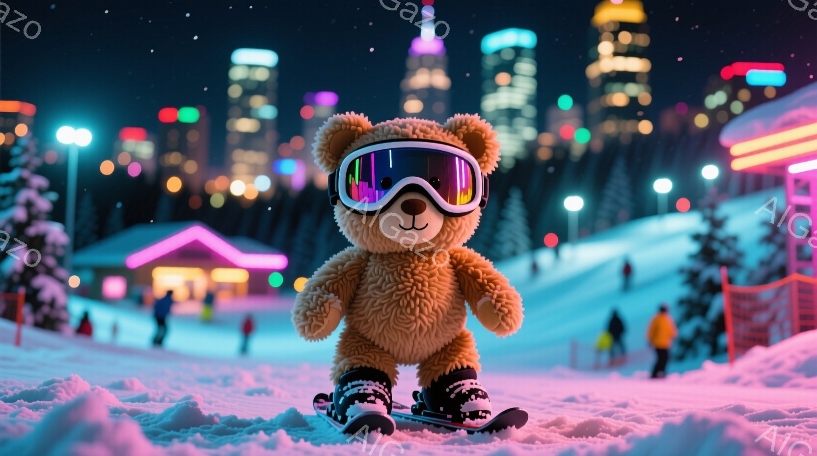 ふわふわの茶色のテディベアが、スキー板に乗り、雪の上を颯爽と滑っている姿が描かれています。夜のスキーリゾートで、カラフルな光を放つ建物や人々が遠くにぼやけて見え、雪景色が幻想的な雰囲気を醸し出しています。ベアはゴーグルをかけ、楽しそうな表情で、冬の冒険を満喫しているようです。