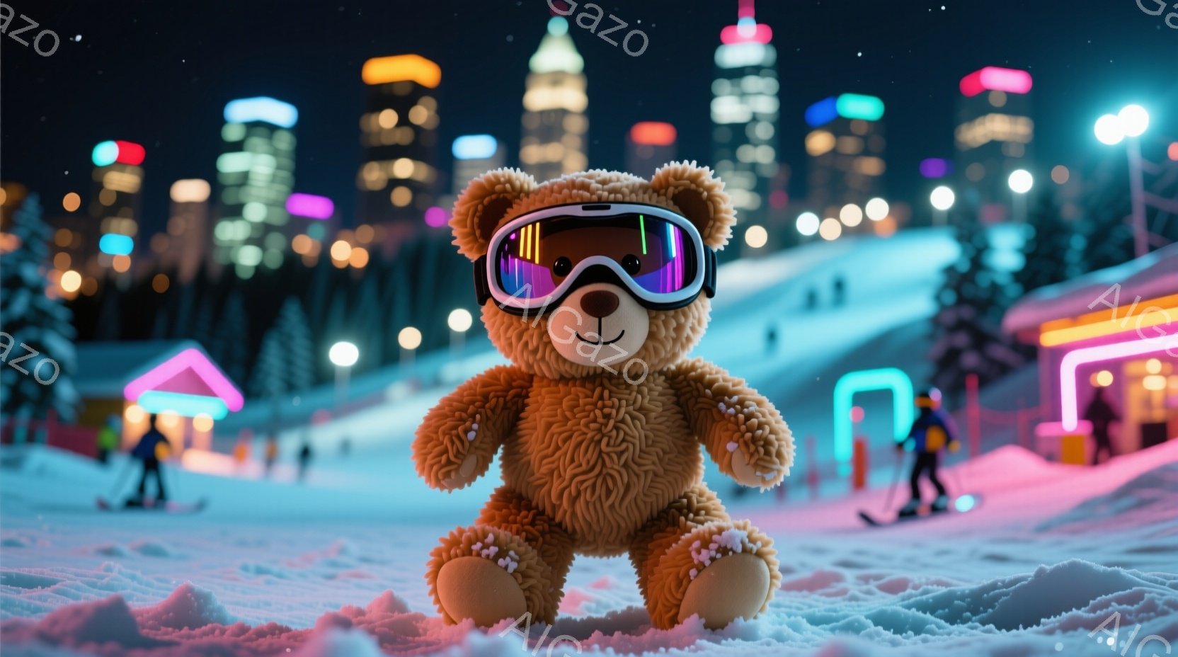 ふわふわの茶色のテディベアが雪の上に座っており、顔にはカラフルなゴーグルをつけている。背景には、ネオンライトで照らされた建物やスキーを楽しむ人々がおり、雪山が広がっている。全体的に、冬の夜にスキーリゾ - AI生成フリー素材