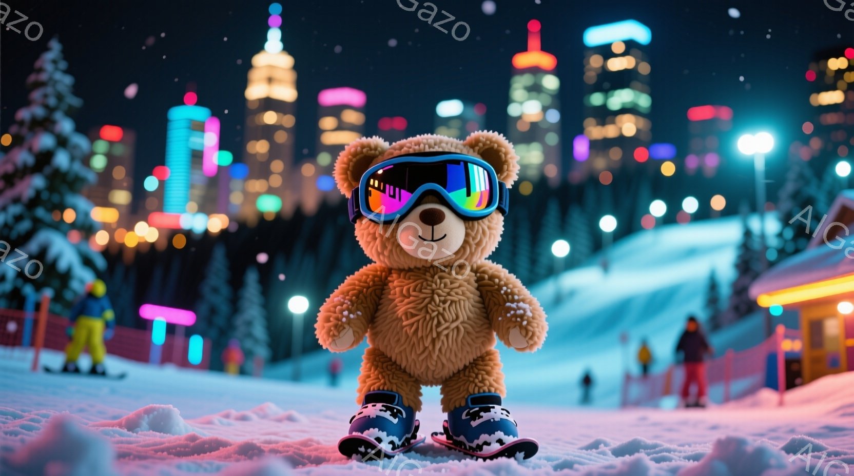 茶色のテディベアがスキー板を履いて雪の上に立っている。背景には、ネオンライトで照らされた建物やスキー場、雪景色が広がり、夜間のスキーリゾートの雰囲気を醸し出している。テディベアはゴーグルをかけており、楽しそうなスキーを楽しんでいる様子が伝わってくる。