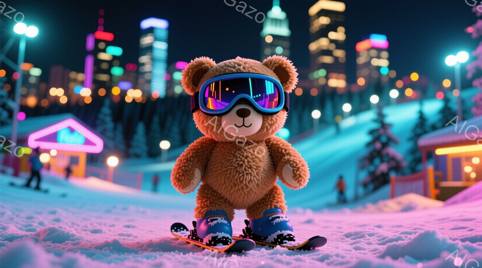 ふわふわの茶色のテディベアが、スキー板とブーツを身につけて雪の上に立っている。背景には、ネオンライトで照らされた建物や木々があり、夜のスキーリゾートの賑やかな雰囲気を醸し出している。雪は鮮やかな青色と紫色の光で照らされ、ファンタジーのような世界観を作り出している。