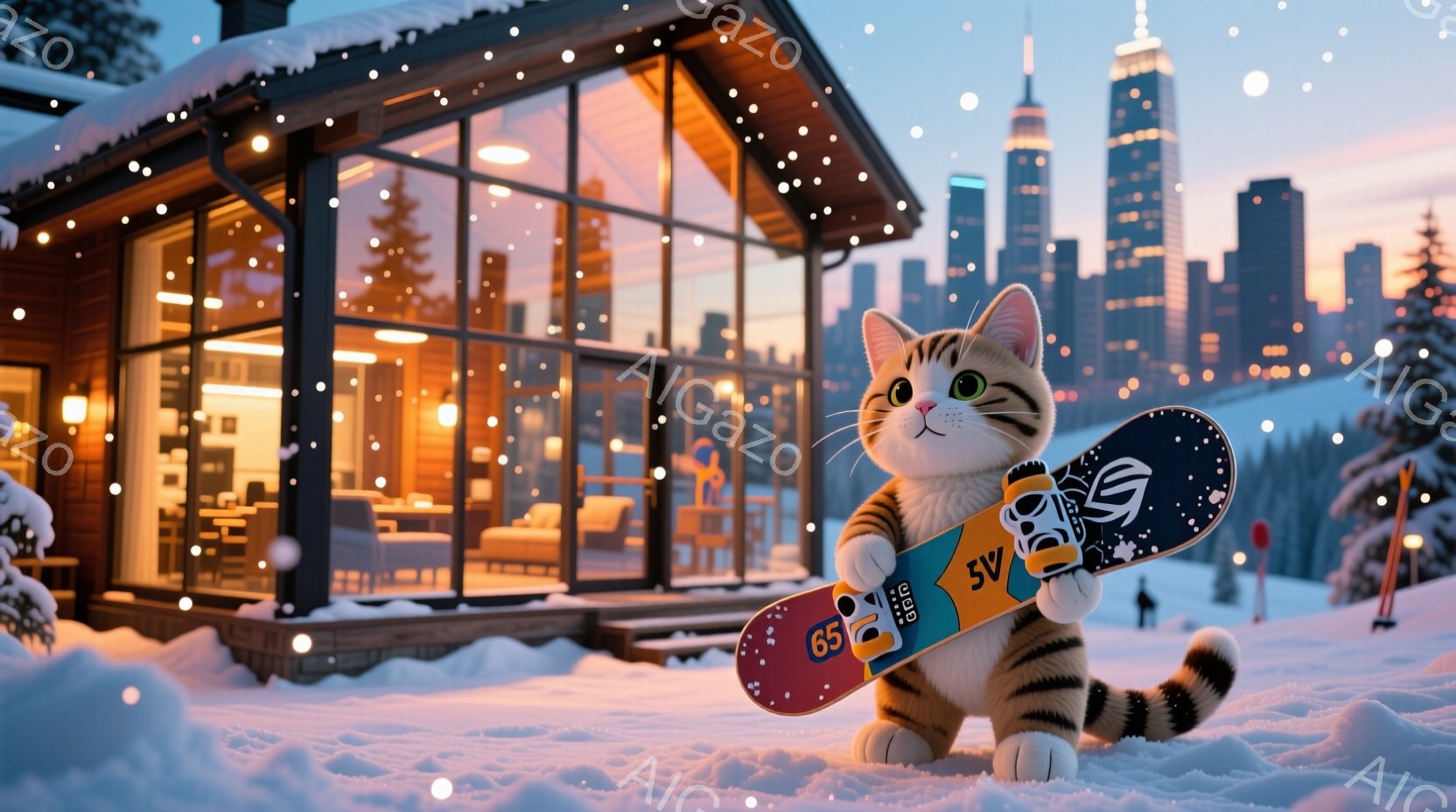 雪景色の中で、スノーボードを持った縞模様の猫が立っています。背景にはモダンなログハウスと、遠くの街並みが見え、雪が降り積もる冬の夜の穏やかな雰囲気を醸し出しています。猫は嬉しそうな表情で、スノーボードを誇らしげに抱えています。