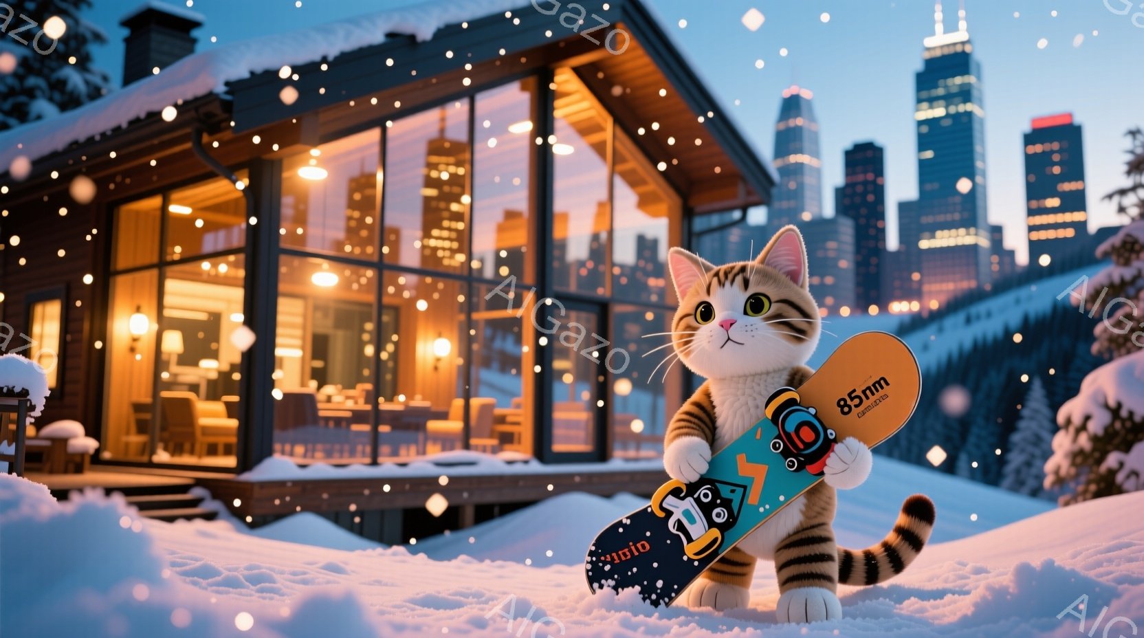 雪景色の中に、スノーボードを持った猫が立っている。背景には暖色の照明が灯ったモダンな家と、遠くに見える高層ビル群が広がっており、雪が舞う幻想的な雰囲気を醸し出している。猫は少し微笑んでいるように見え、 - AI生成フリー素材