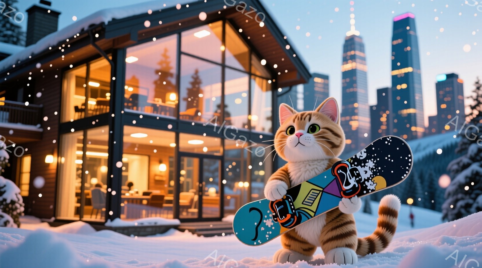 白い毛並みの猫が雪の上に立っており、片手にカラフルなスノーボードを持っています。背景にはモダンなデザインの大きな家と、遠くに見える雪山と街並みが広がっており、雪が舞う冬の景色が描かれています。猫は前を - AI生成フリー素材