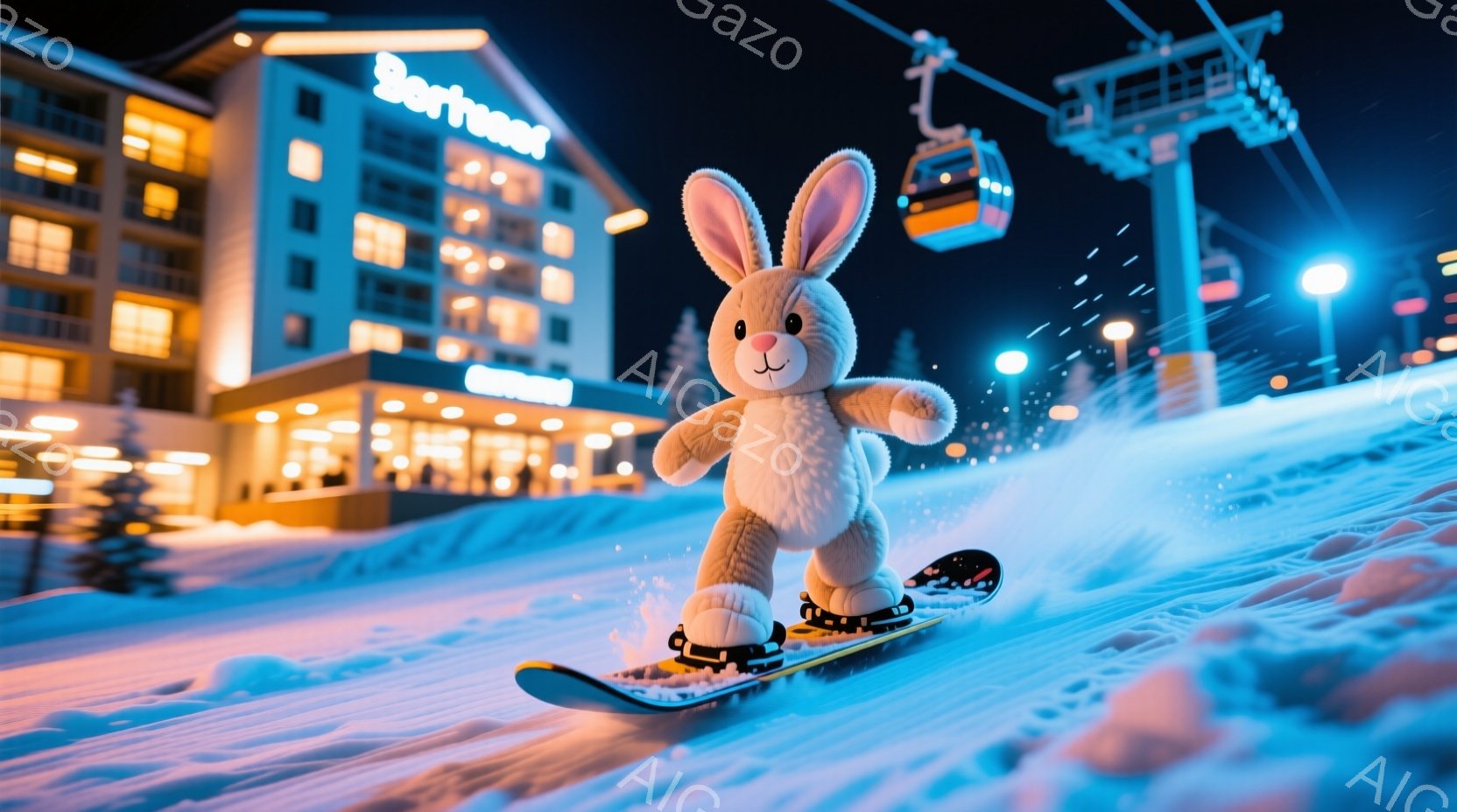 白いふわふわのウサギがスノーボードに乗って雪山を滑走している様子が描かれています。背景にはライトアップされたホテルとリフト、そして雪景色が広がり、夜のスキー場の賑やかな雰囲気が伝わってきます。ウサギは楽しそうな表情で、スピード感のある滑りを表現しています。