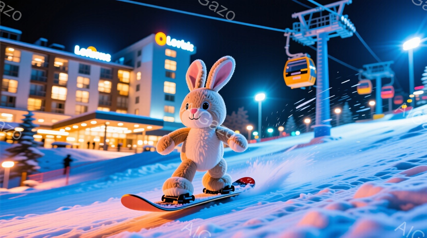 雪山をスキーで滑っている、ふわふわの白いウサギのぬいぐるみです。ウサギはオレンジ色のスキー板とブーツを履き、楽しそうな表情をしています。背景にはライトアップされたホテルやスキーリフト、そして雪に覆われた山々が広がっており、夜のスキー場の華やかな雰囲気が漂っています。