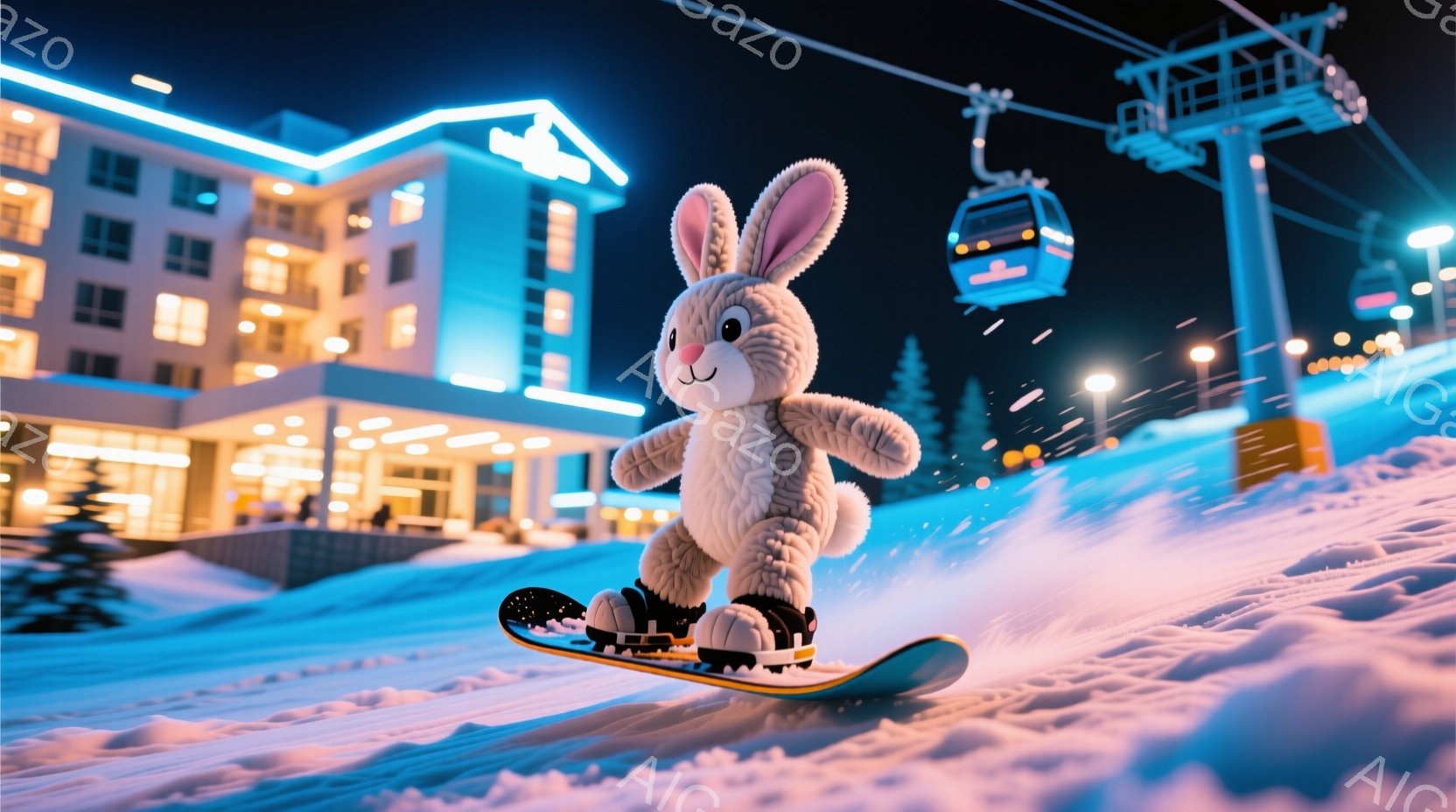 ふわふわの白いウサギがスノーボードに乗って雪山を滑っている様子が描かれています。ウサギはピンク色の耳を持ち、笑顔でスノーボードを楽しんでいます。背景には、ライトアップされた建物とスキーリフト、そして雪 - AI生成フリー素材