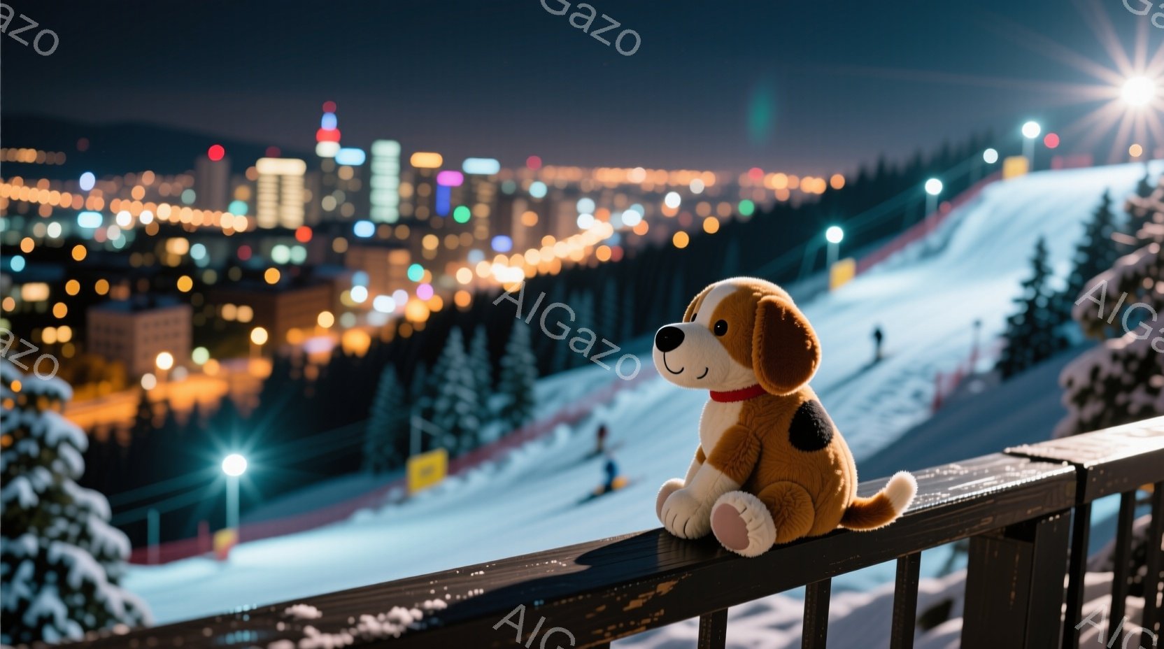 ぬいぐるみの犬が、雪景色を背景にした柵の上に座っている。背景には、街の明かりが輝き、スキー場らしき雪の斜面が広がり、スキーヤーの姿も見られる。全体的に夜の静寂と、冬の寒さの中の温かさを感じさせる雰囲気 - AI生成フリー素材