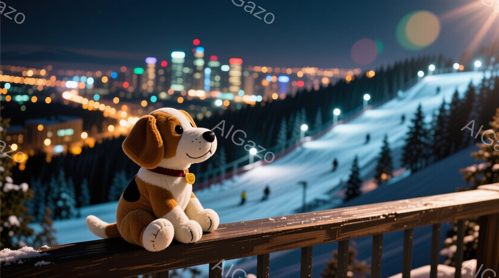 ぬいぐるみのような茶色のビーグル犬が、雪に覆われたスキー場の柵の上に座っています。背景には、夜景が広がり、遠くには光り輝く街並みとスキーコース、そして暗い緑色の森林が広がっています。全体的に、静かで幻想的な冬の夜の雰囲気が漂っています。