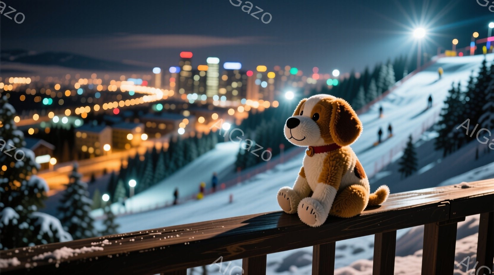 雪に覆われたスキー場の柵に、茶色と白の毛並みのテディベアが座っています。背景には、ライトアップされた建物が広がり、スキーヤーが雪上を滑る様子が確認できます。夜空は暗く、スキー場全体が静かで幻想的な雰囲 - AI生成フリー素材