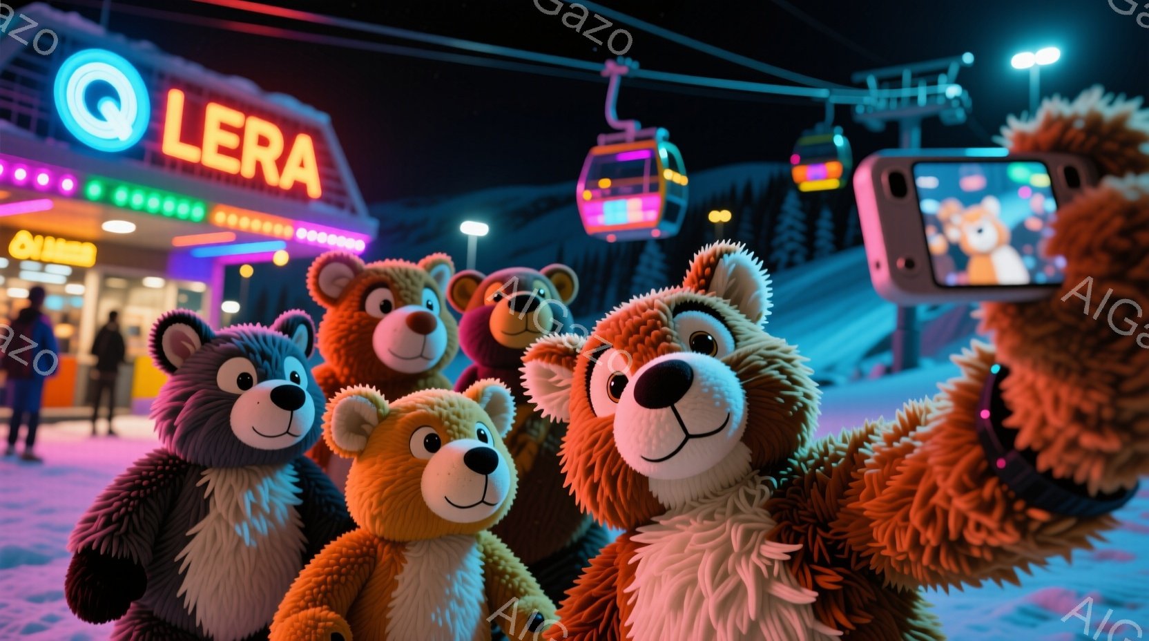 雪景色の中で、複数のテディベアが自撮りしている様子が写っています。テディベアたちはそれぞれ茶色や黒など異なる毛色で、楽しそうな表情をしています。背景にはスキーリフトや光る建物が見え、夜間の活気あるスキー場の一場面を捉えています。