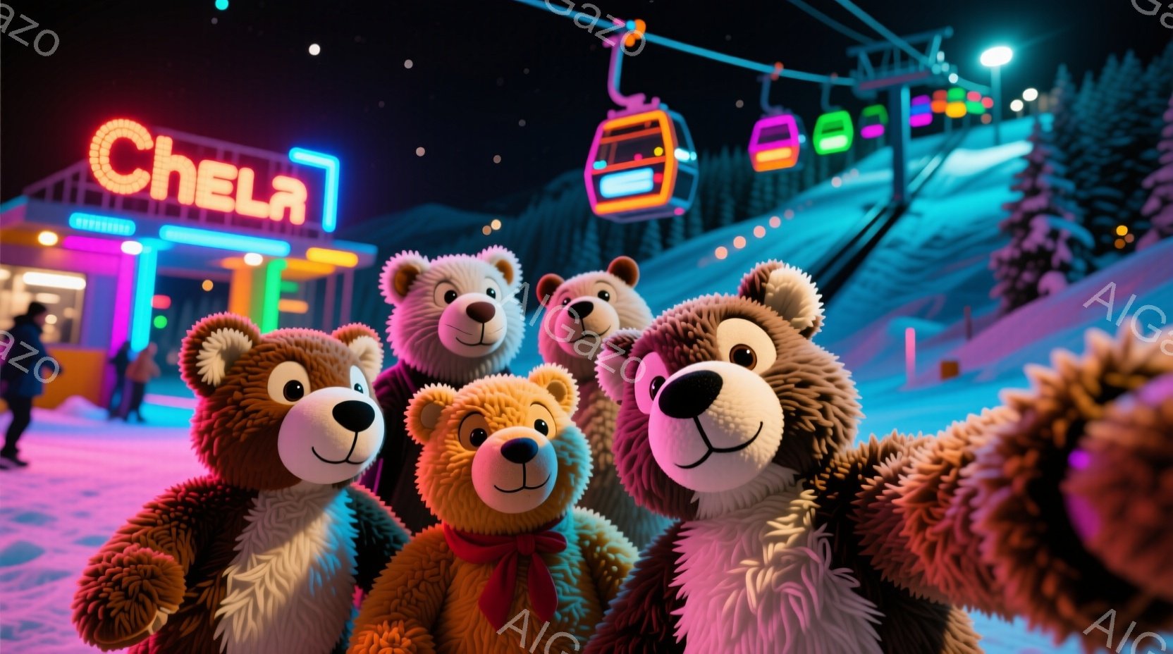 スキーリゾートの夜を背景に、複数のテディベアが写っています。ベアたちは様々なポーズで並び、一匹は赤いリボンをつけています。背景にはライトアップされたスキーコースとゴンドラ、そして「Chela」と書かれたネオンサインが見え、華やかで楽しい雰囲気を醸し出しています。