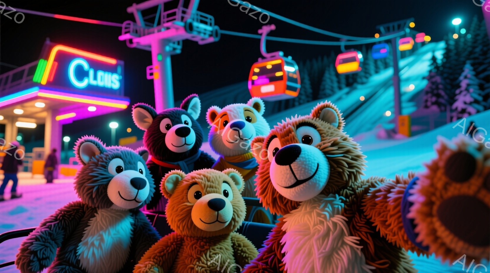 スキーリゾートの夜に、様々な色の毛並みを持つテディベアたちがゴンドラに乗っている様子が描かれています。彼らは皆、楽しそうな表情でカメラに向かって微笑んでおり、リゾートの夜景と合わせて、暖かく、お祝いムードを漂わせています。背景には、ライトアップされたスキーコースとゴンドラが並び、夜の雪山を照らしています。