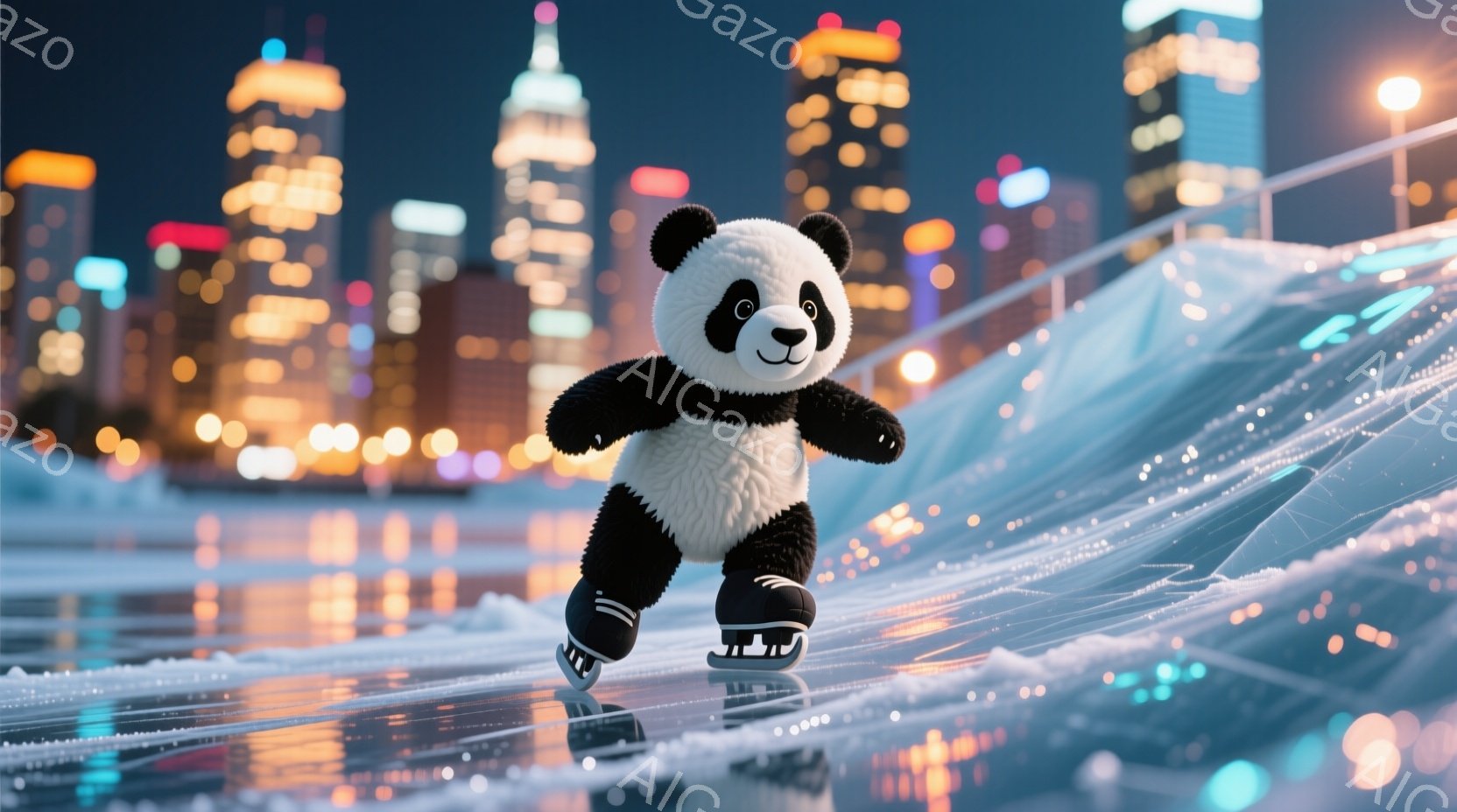 白と黒のパンダがアイススケートリンクでスケートを楽しんでいます。パンダはスケート靴を履き、楽しそうな表情をしています。背景には夜景の都市が広がり、リンク全体が幻想的な光に包まれています。