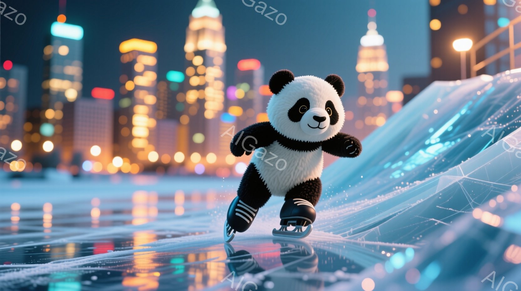 白黒のパンダがスケートリンクで楽しそうにフィギュアスケートをしている姿が描かれています。パンダは黒い手袋と靴を履き、笑顔で滑っており、背景には夜景の美しい都市が広がっています。リンクは青と紫の光で照らされ、冬の冷たい空気感と都市の温かい光が混ざり合い、幻想的な雰囲気を醸し出しています。