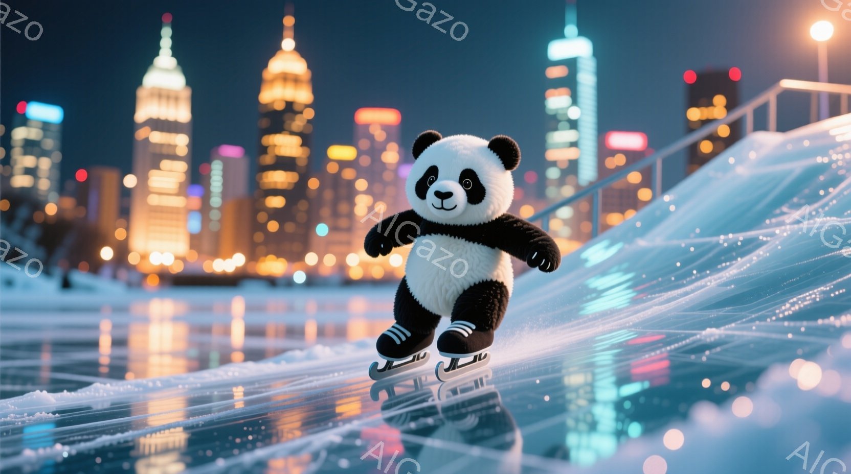 白黒のパンダがアイススケートリンクでスケートを楽しんでいます。パンダは黒い帽子と靴を履いており、顔には楽しそうな表情が見られます。背景には夜景の都市が広がり、リンクは光り輝くエフェクトで彩られています。