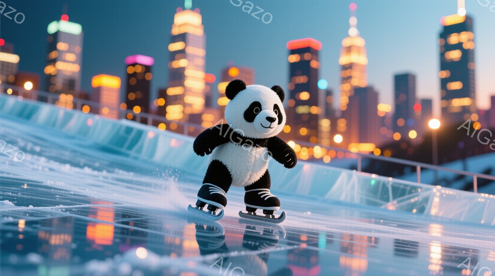白と黒のパンダがアイススケートリンクでスケートを楽しんでいます。パンダはアイススケート靴を履き、少し前かがみの姿勢で滑走しており、表情は楽しそうで可愛らしいです。背景には、夜景が広がり、高層ビル群が輝き、冬の夜の幻想的な雰囲気を醸し出しています。